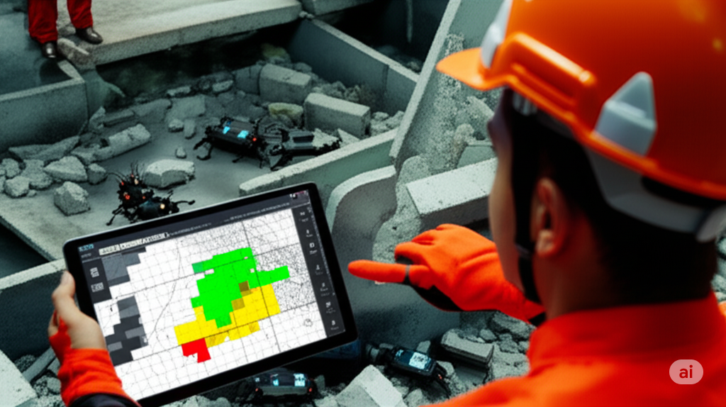 A digital visualization shows several cyborg cockroaches with tracking devices moving through disaster debris, while a rescue worker views their real-time location and data on a wireless tablet.