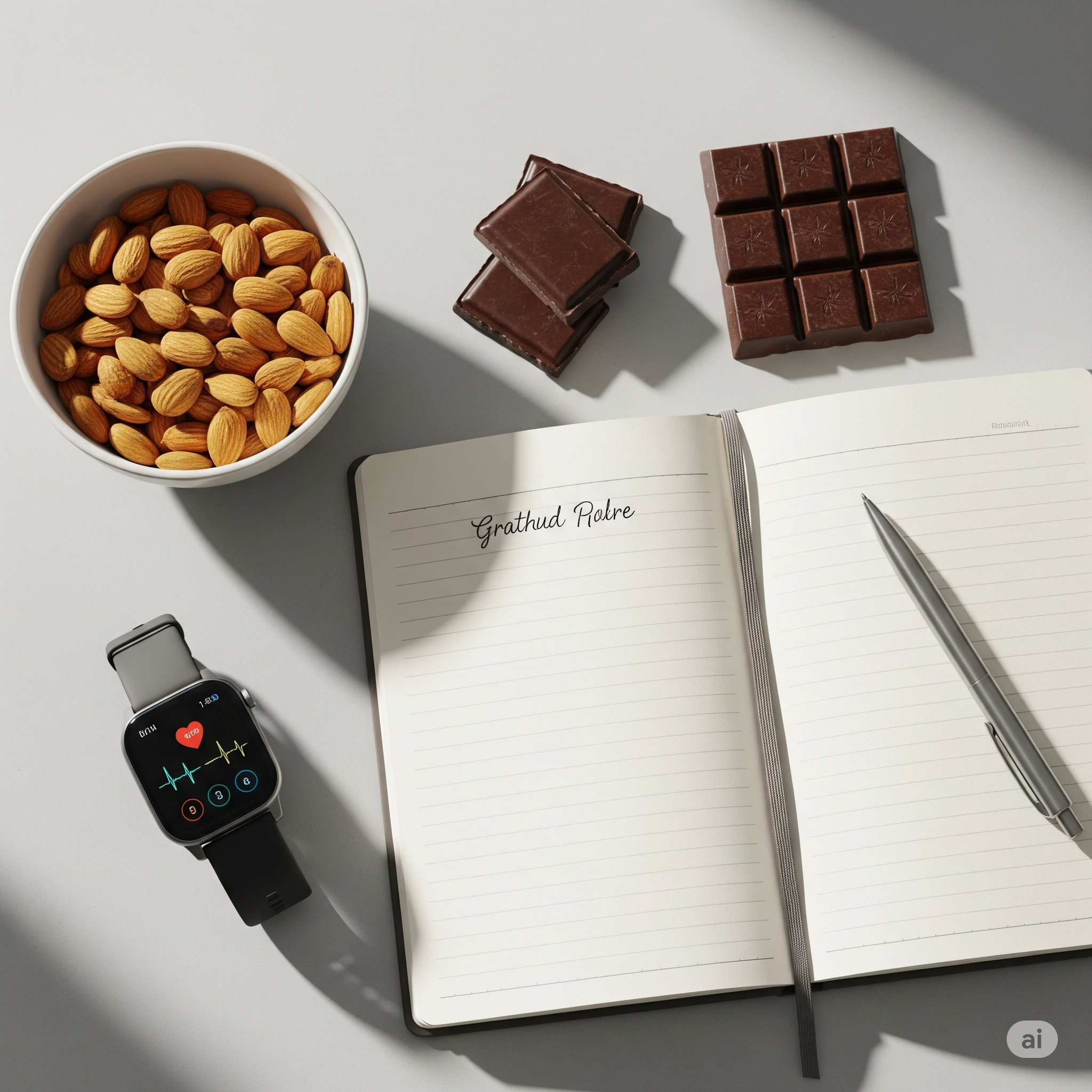 Desk with almonds, dark chocolate, gratitude journal, and smartwatch.