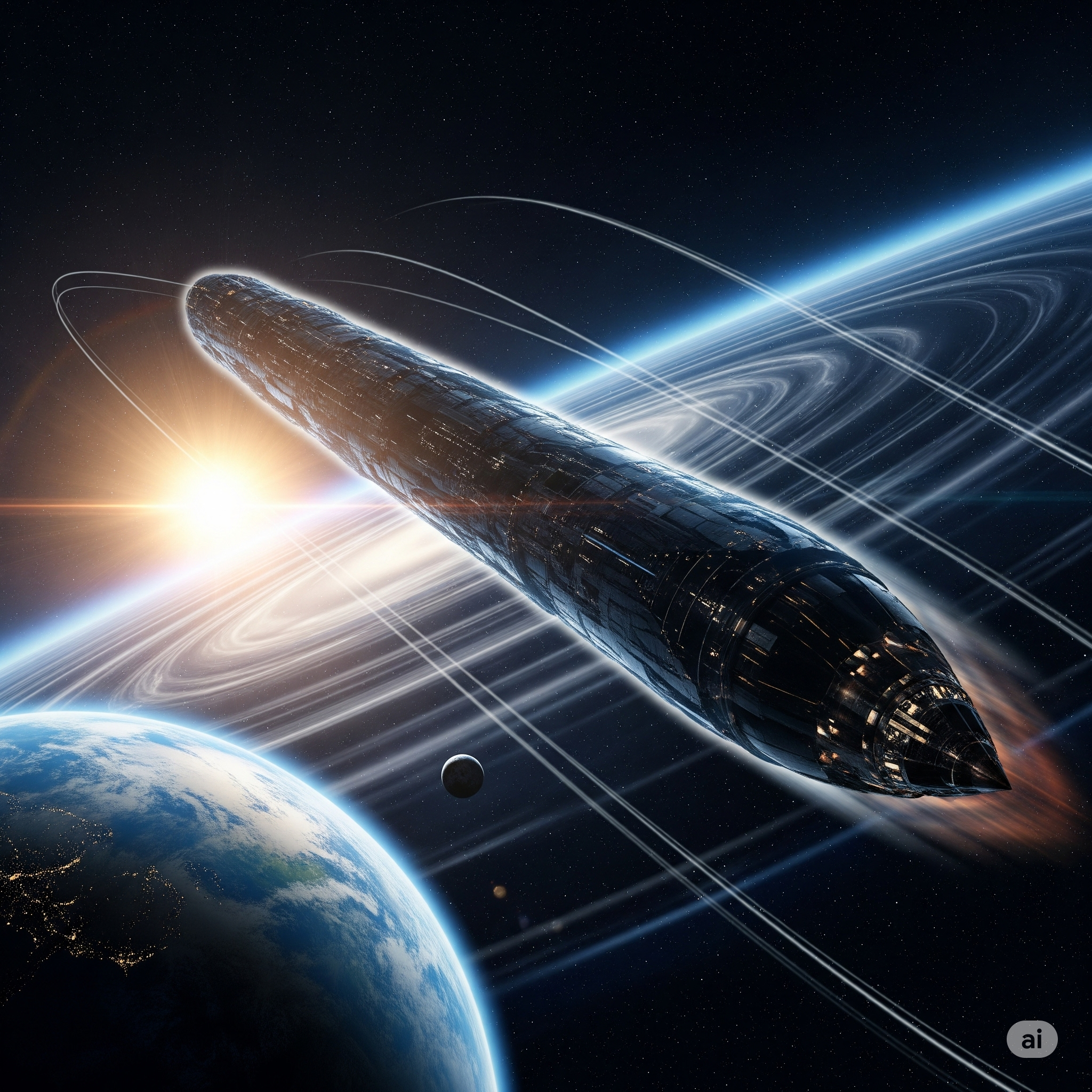 Elongated interstellar object streaking past Earth towards the sun.