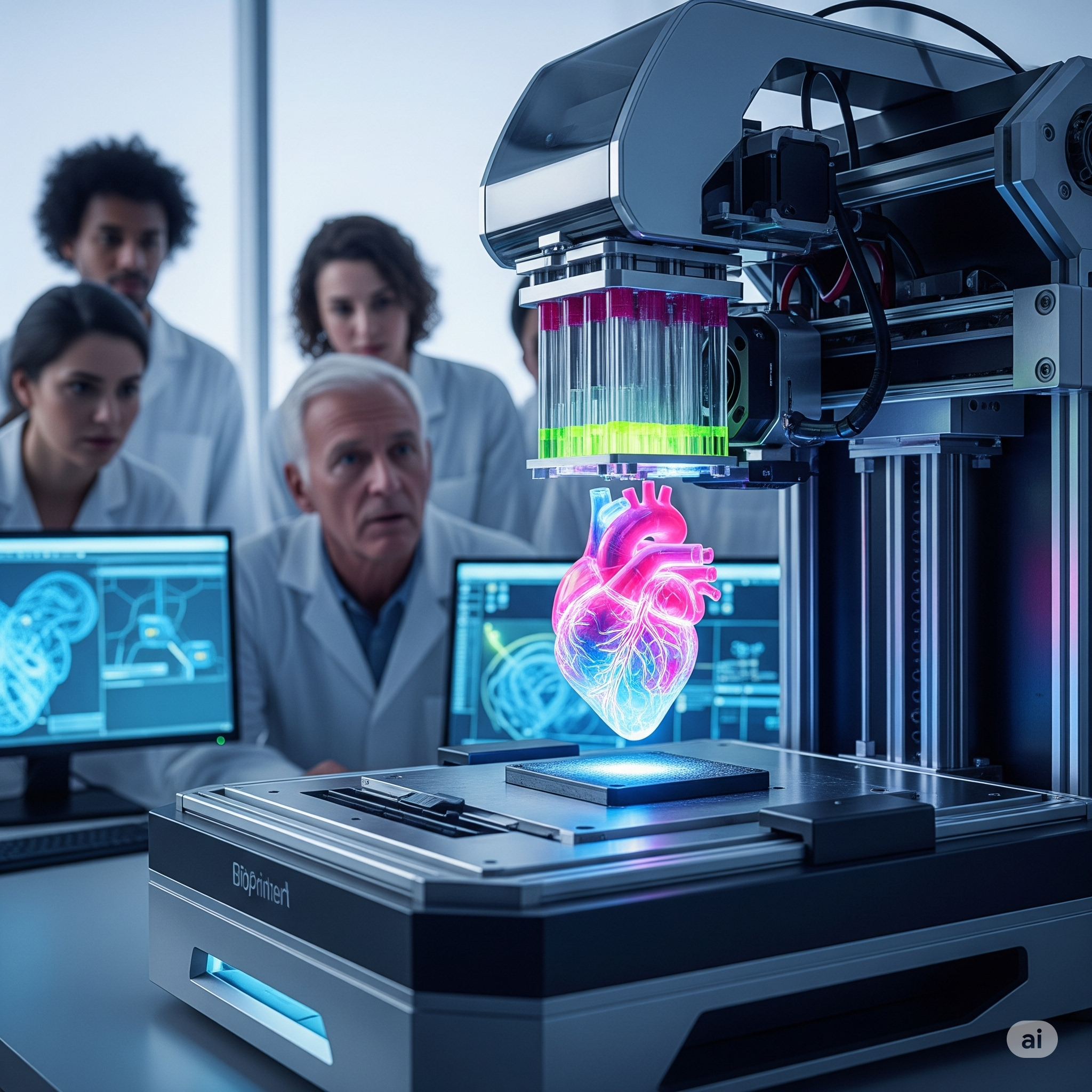 3D bioprinter creates glowing, semi-transparent human heart in futuristic lab.