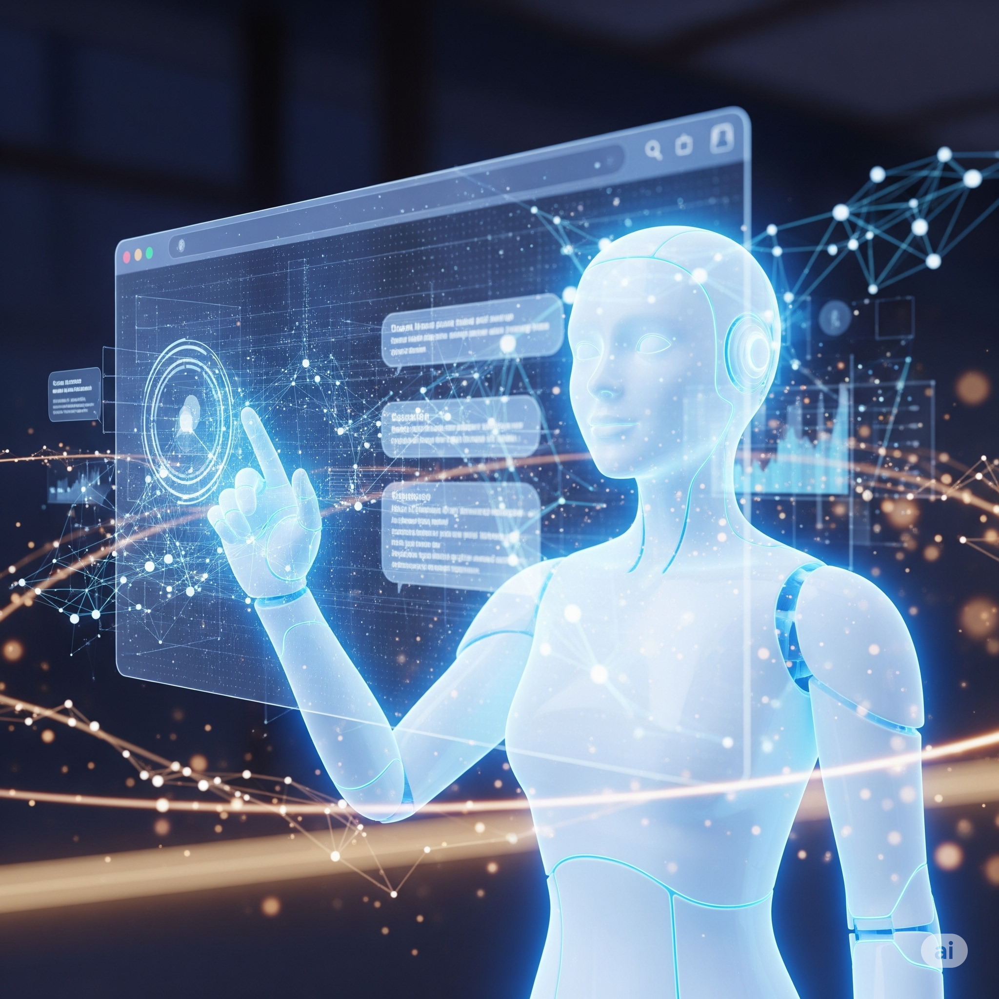 Glowing AI assistant uses holographic web browser.