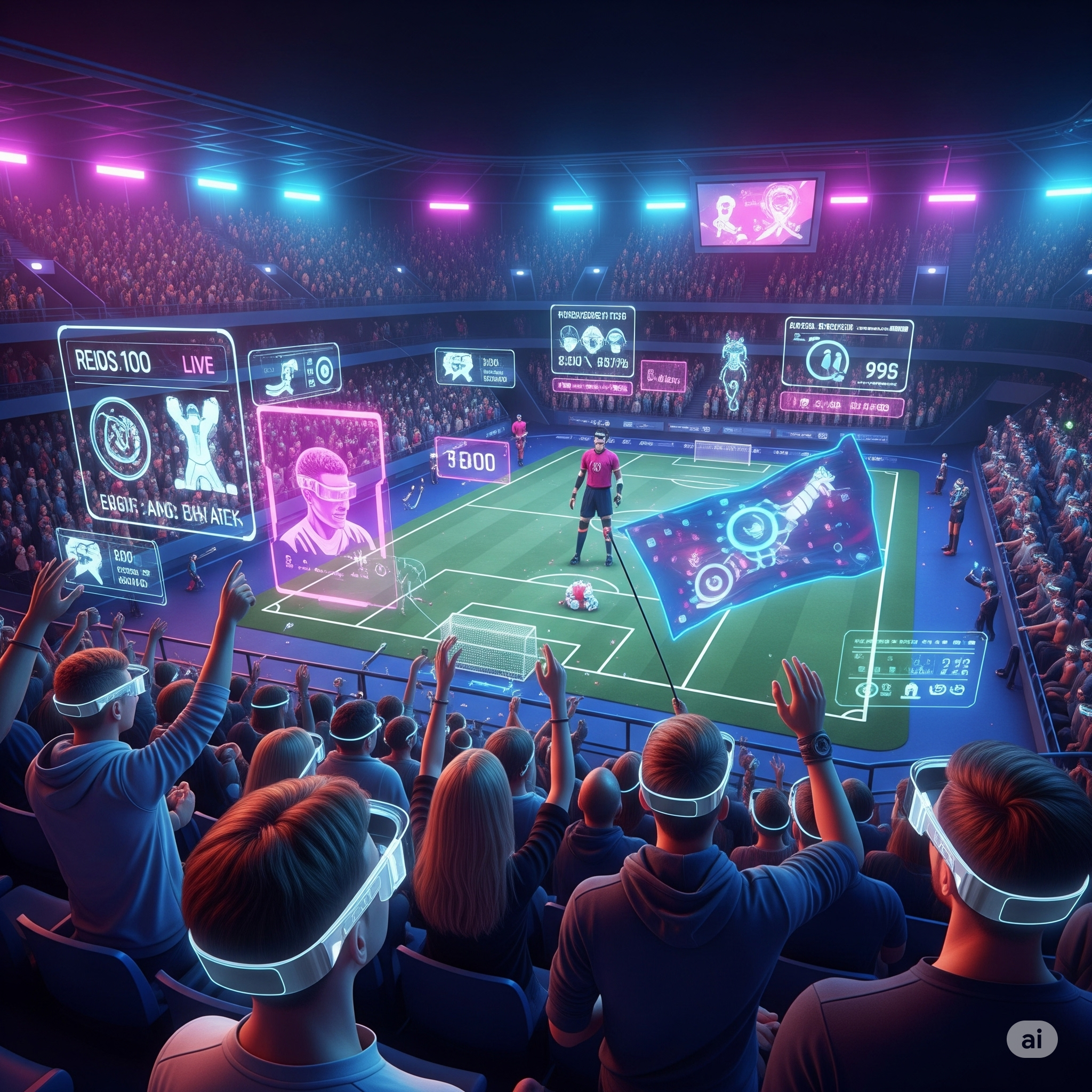 Fans in AR glasses view digital stats at futuristic stadium.