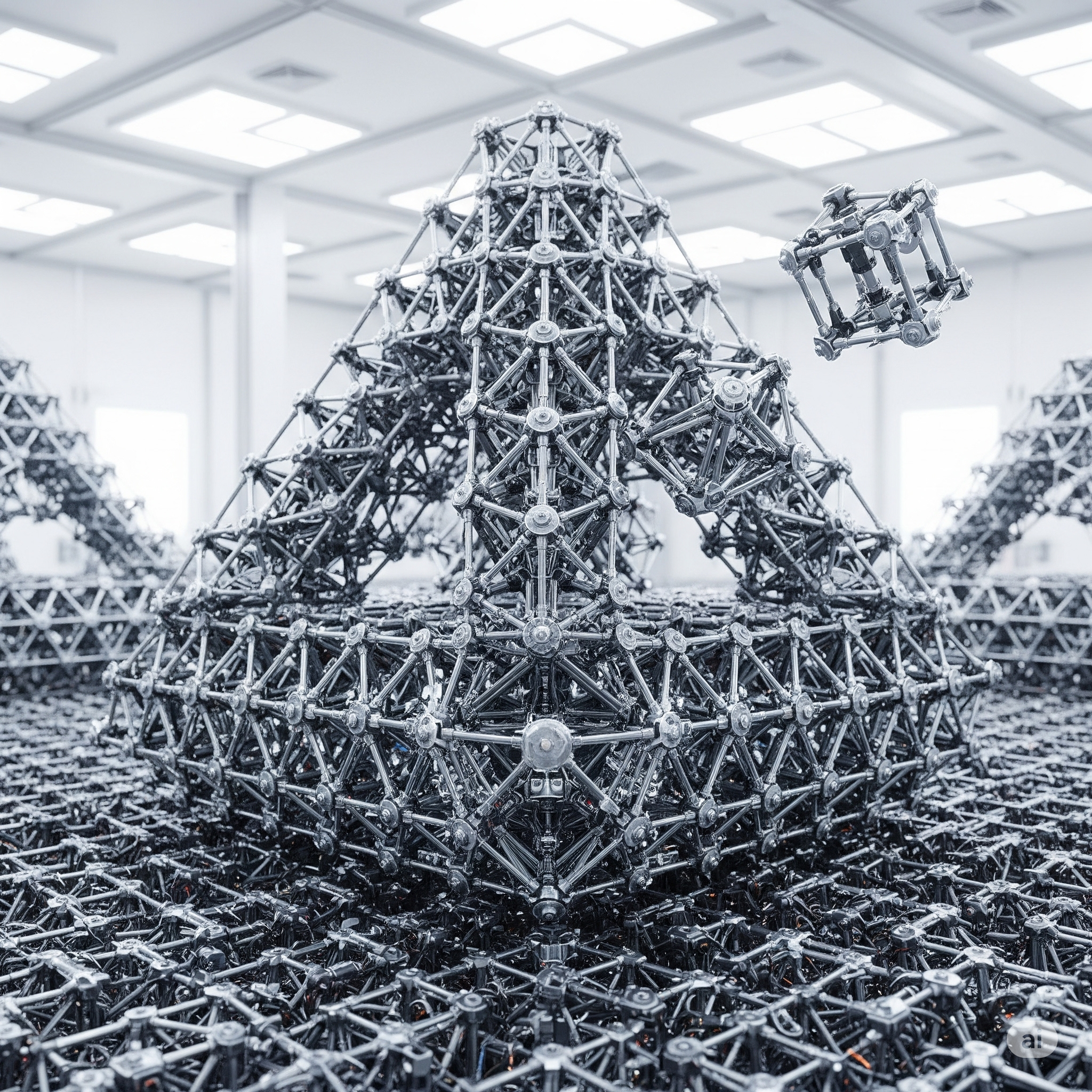 A hyperrealistic image of a swarm of thousands of metallic modular robots, called Truss Link units, autonomously assembling into a large, intricate tetrahedral structure.