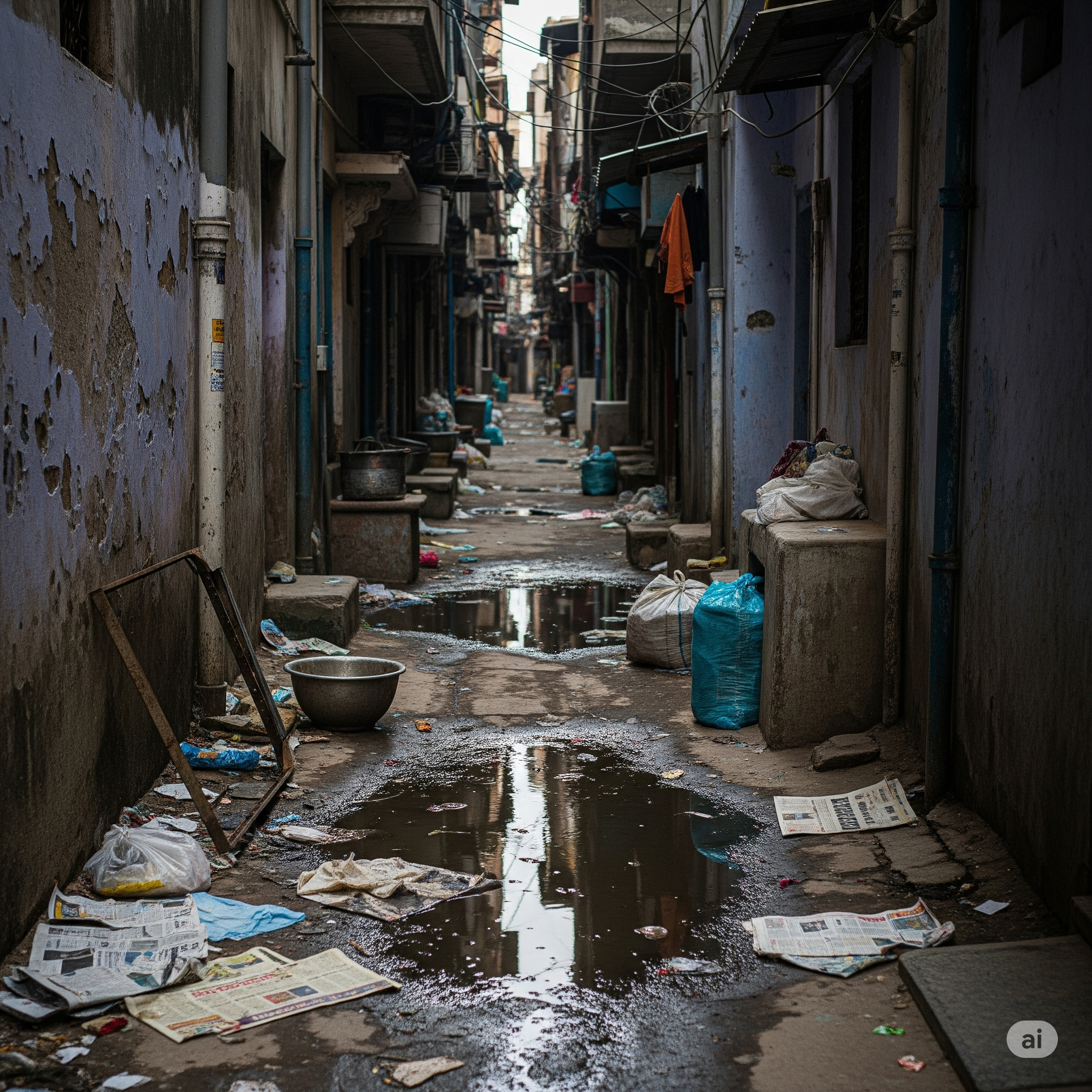 Dirty urban alley with puddles, potential mosquito breeding.