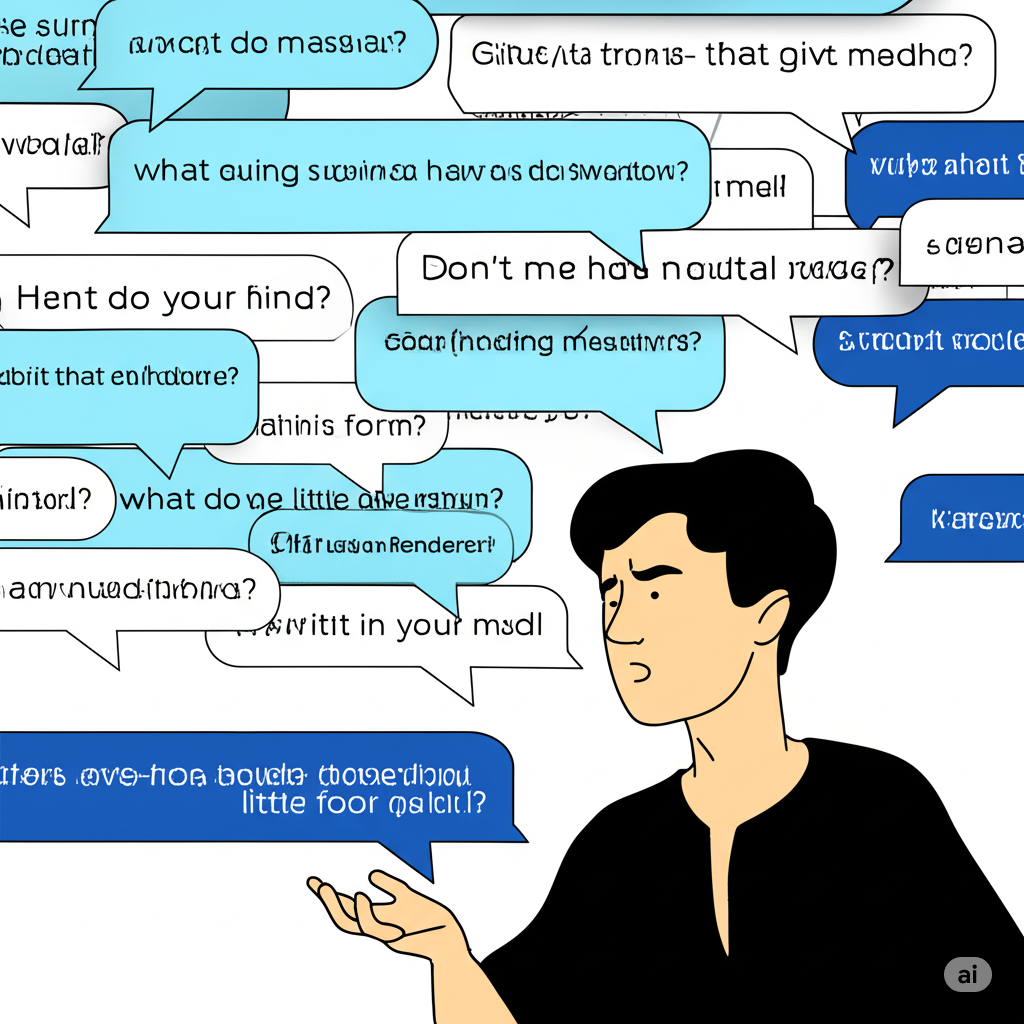 Person speaks, surrounded by floating AI-generated text bubbles.