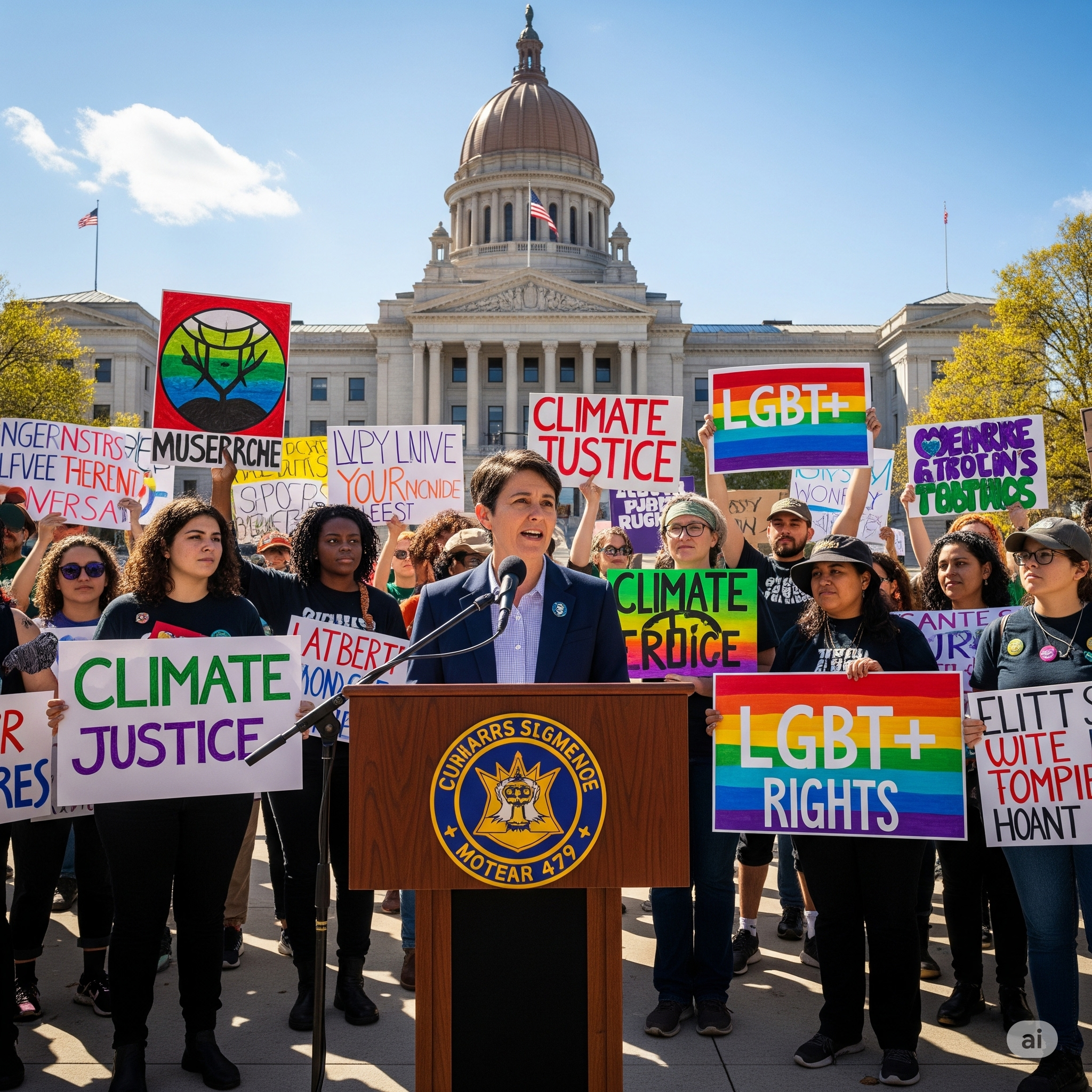 Mayor addresses diverse protestors on climate and LGBTQ+ rights.