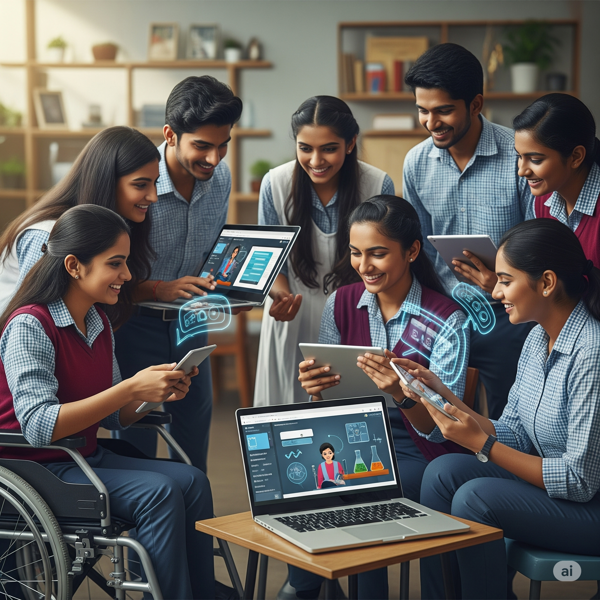 Diverse Indian students collaborate virtually with AI tutor in science lab.