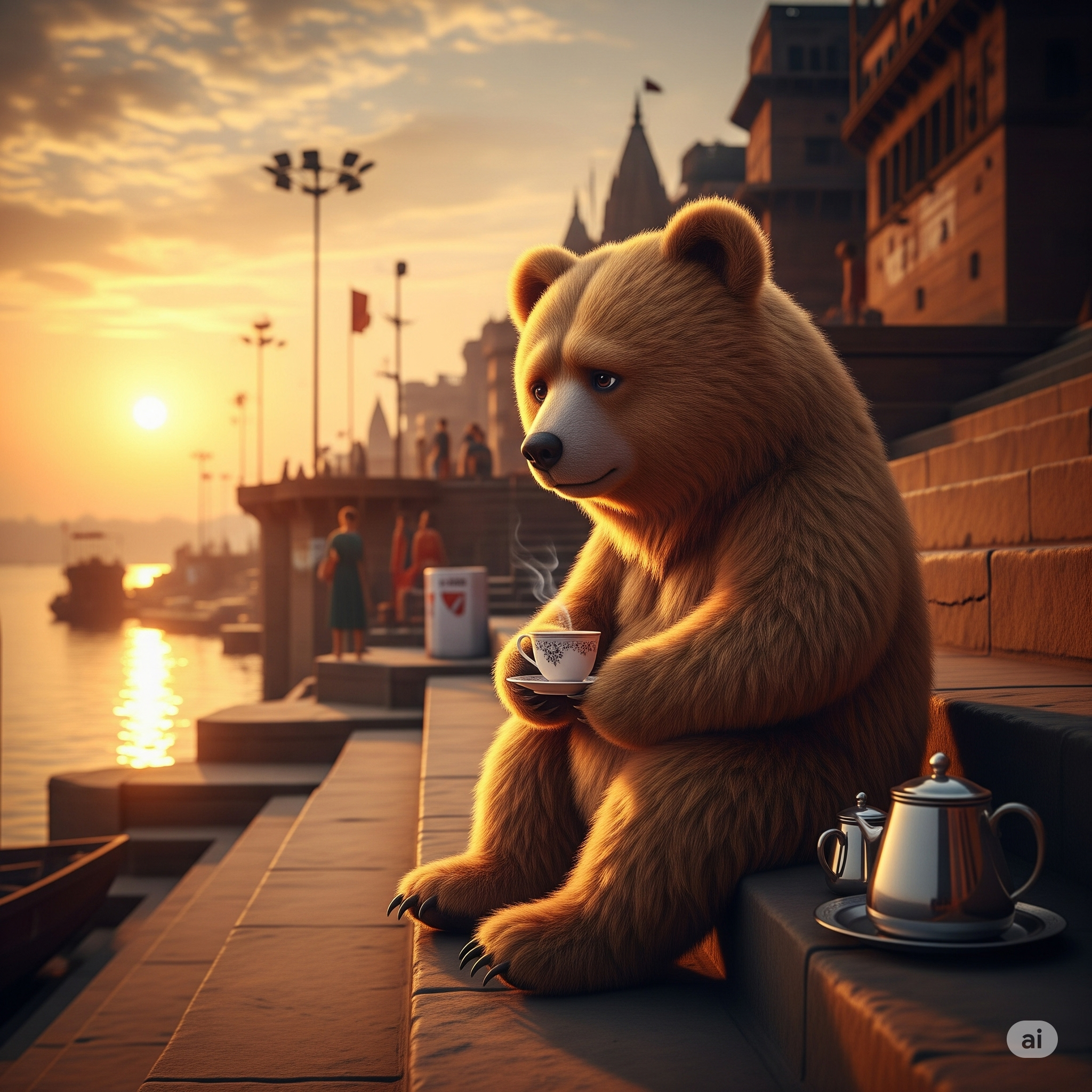 Fluffy bear, human eyes, Varanasi ghat, sunset, teacup, heartbreak.