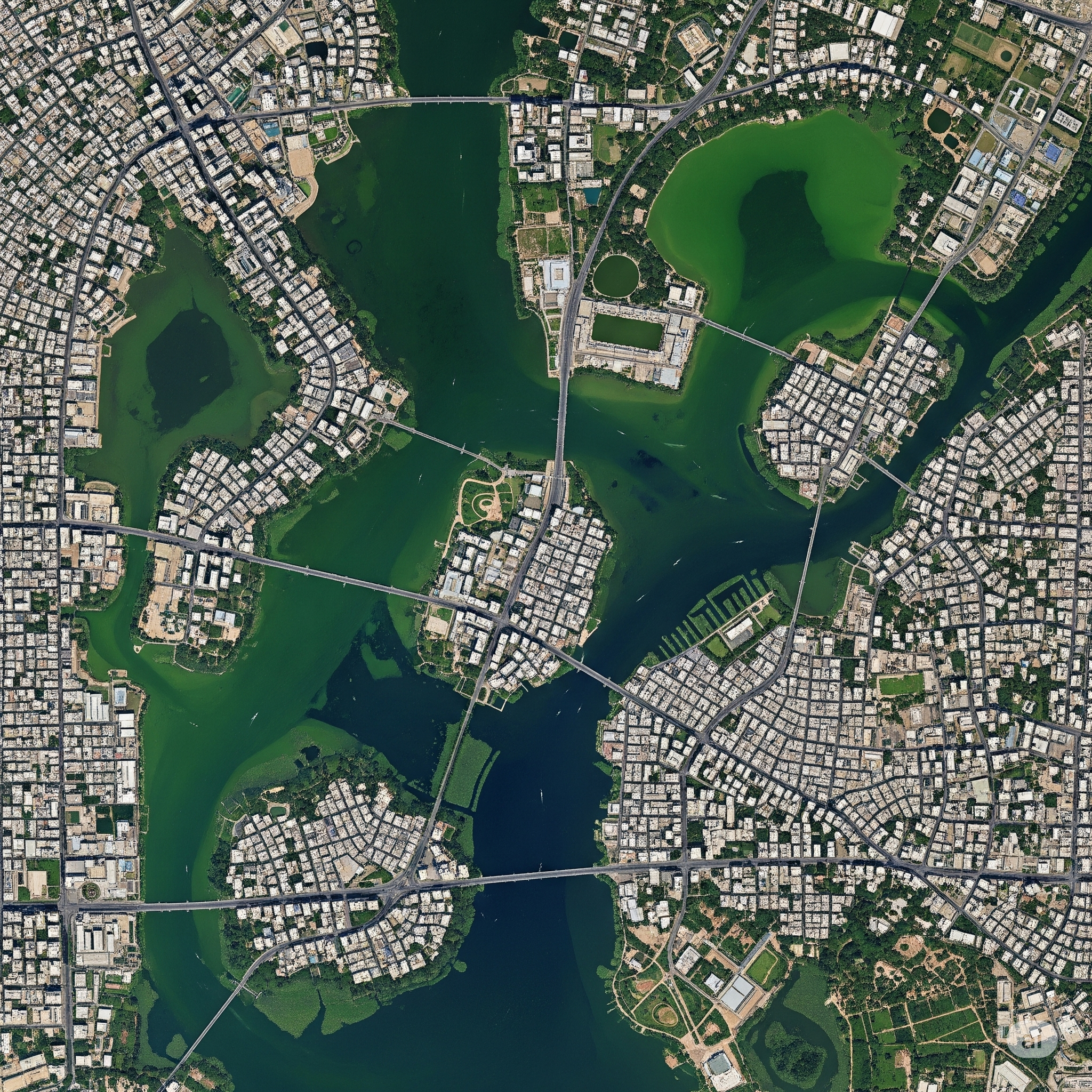 Satellite view of Indian city, lakes, wetlands, urban development.