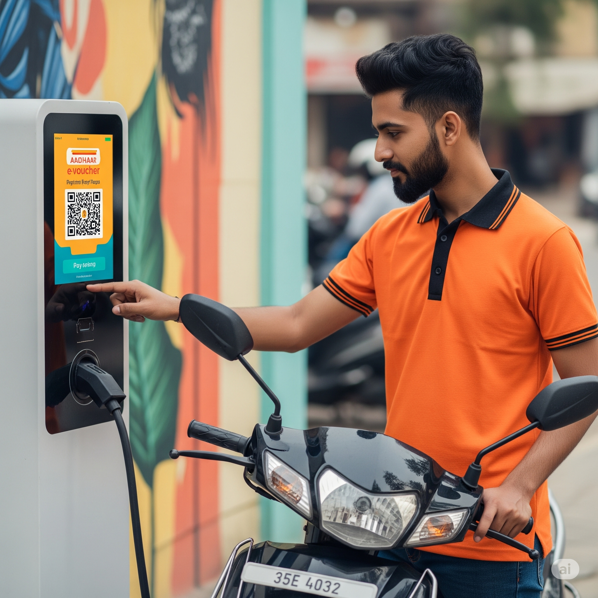 Delivery driver charges e-scooter with Aadhaar e-voucher.