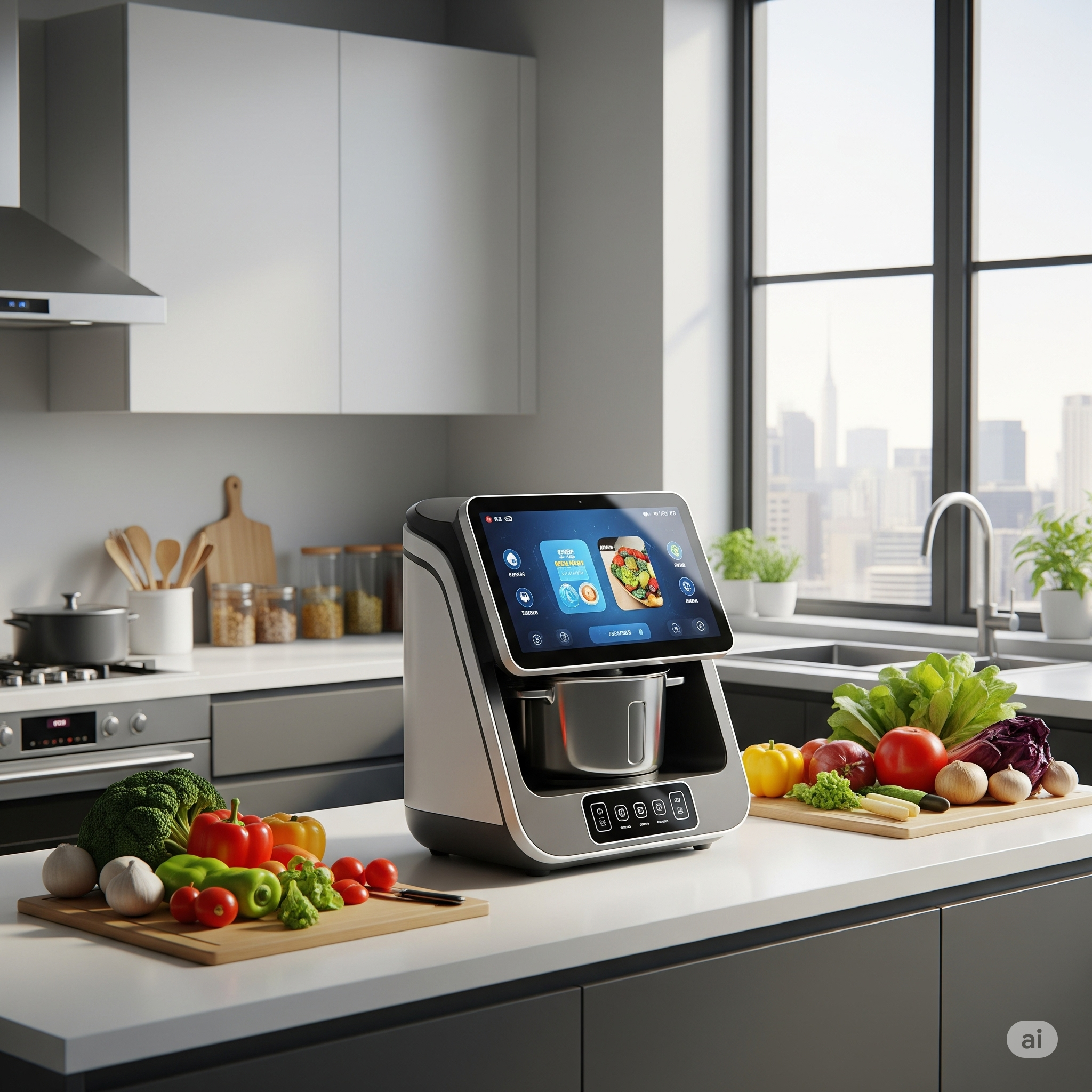 Sleek AI kitchen robot with touchscreen, fresh ingredients, modern kitchen.