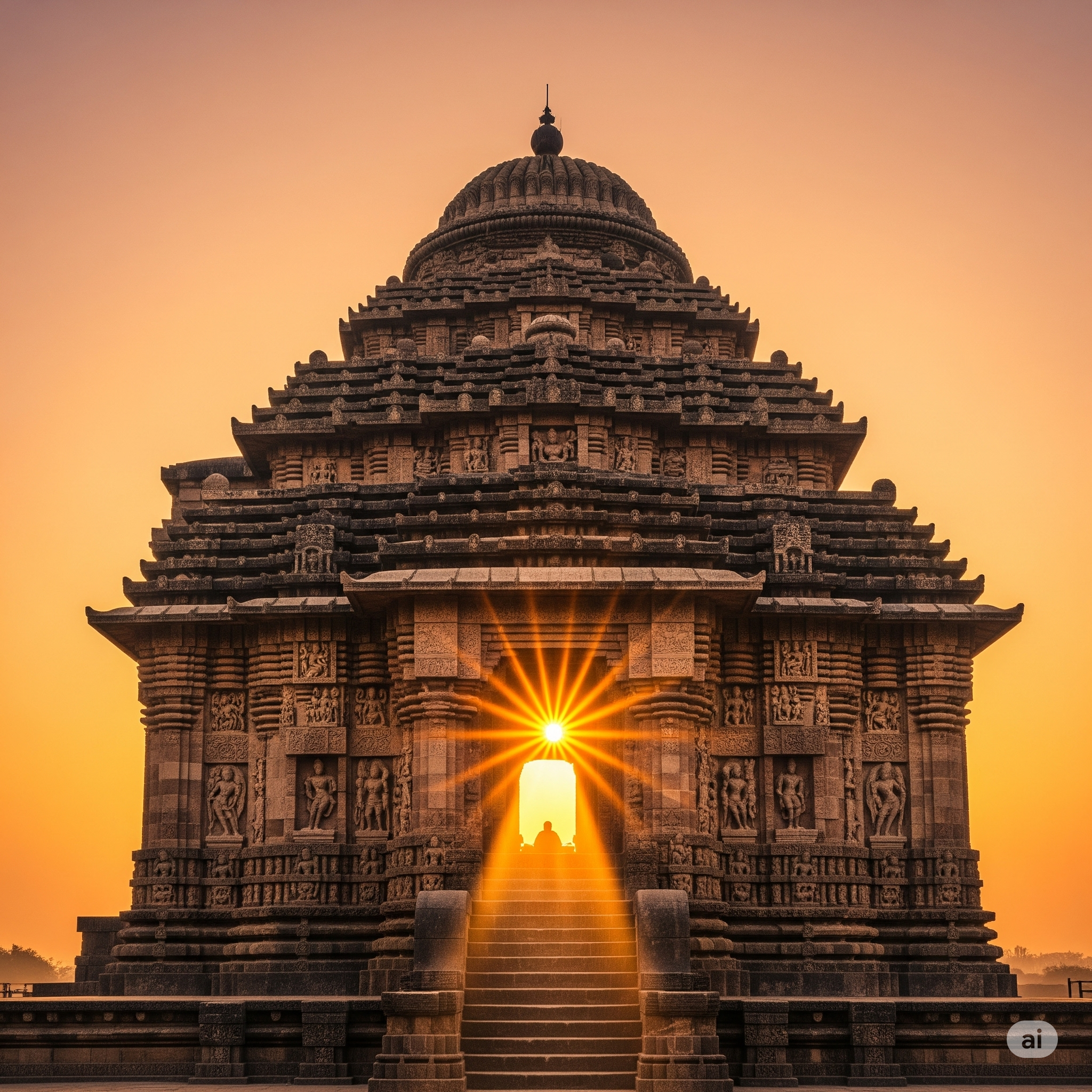 Konark Sun Temple sunrise, golden light on detailed carvings.