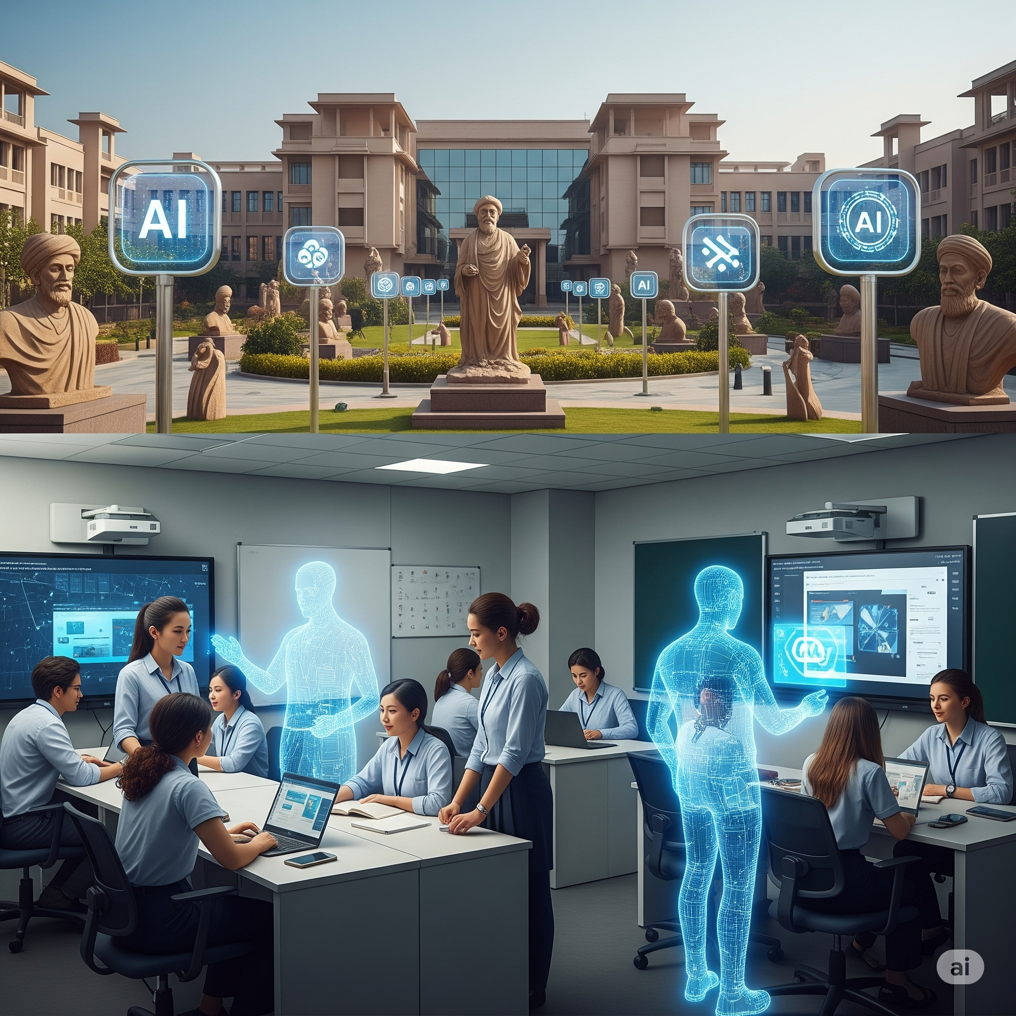 Modern campus: AI tutors, diverse students, ancient scholars.