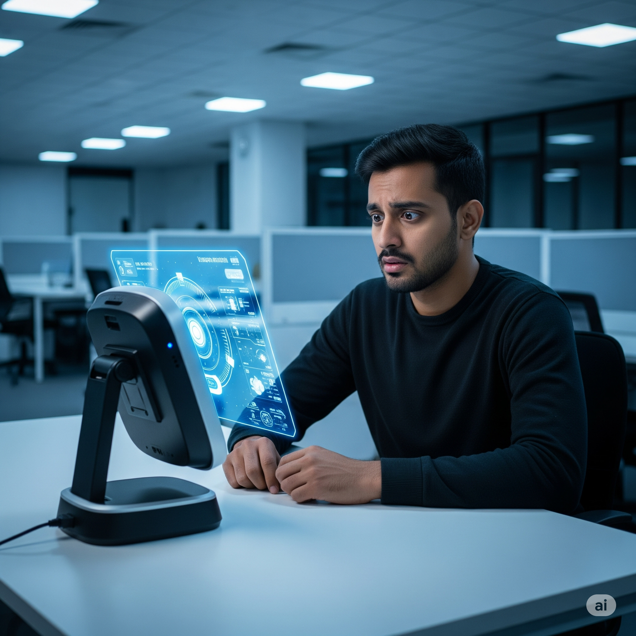 Indian office worker worried by futuristic AI assistant.