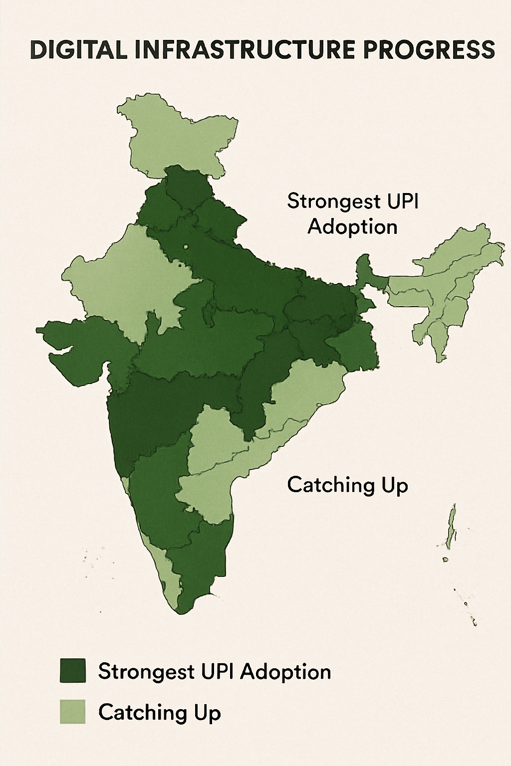 Map of India showing digital infrastructure and UPI adoption.
