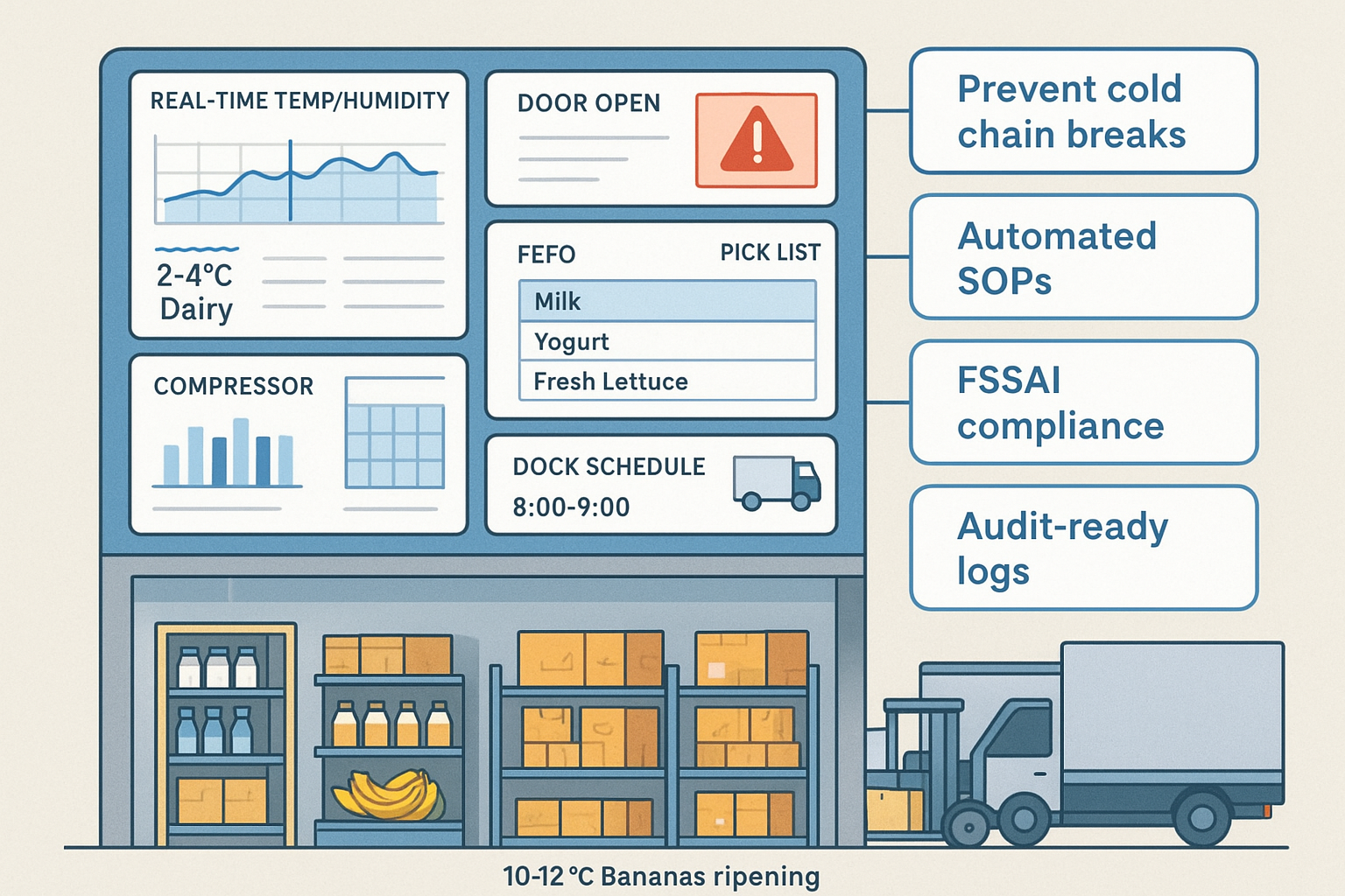 Smart warehouse dashboard with temperature zones, alerts, and schedules.