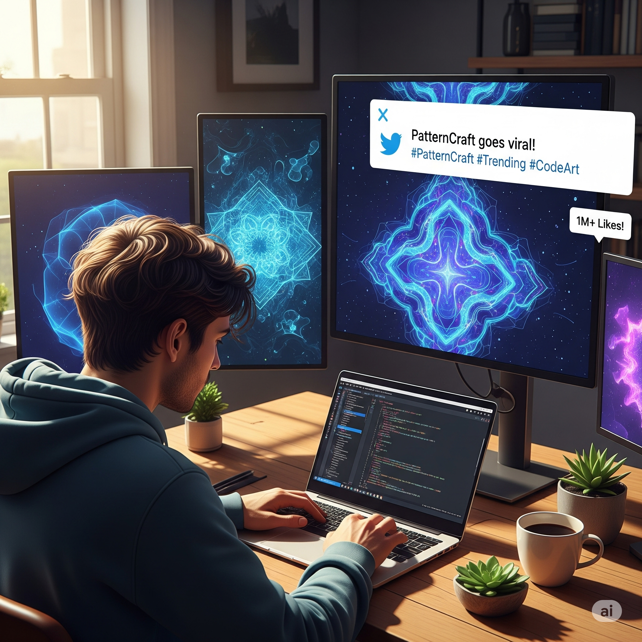 Developer coding PatternCraft with viral X (Twitter) notifications.