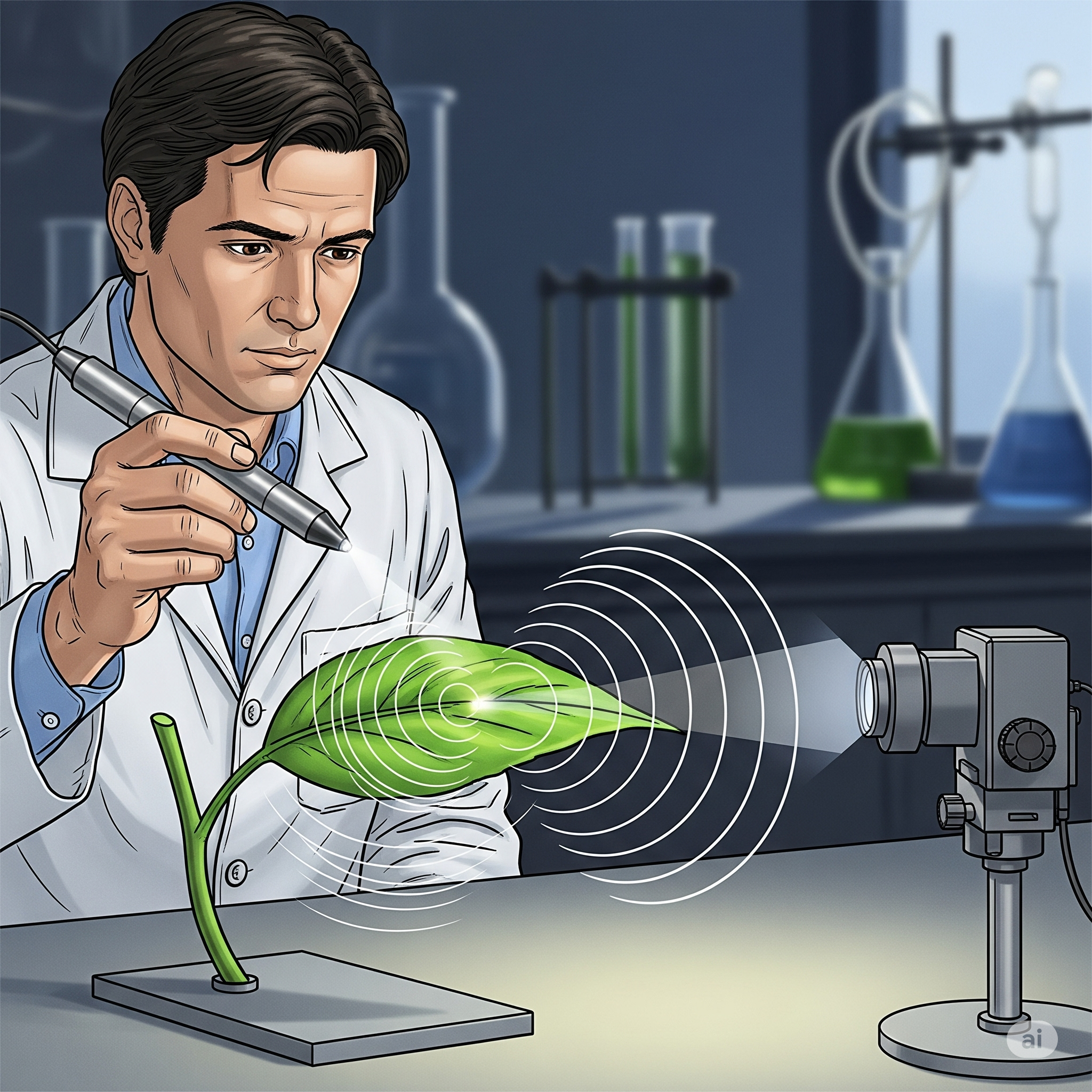 Illustration of scientist measuring sound waves from a vibrating leaf.