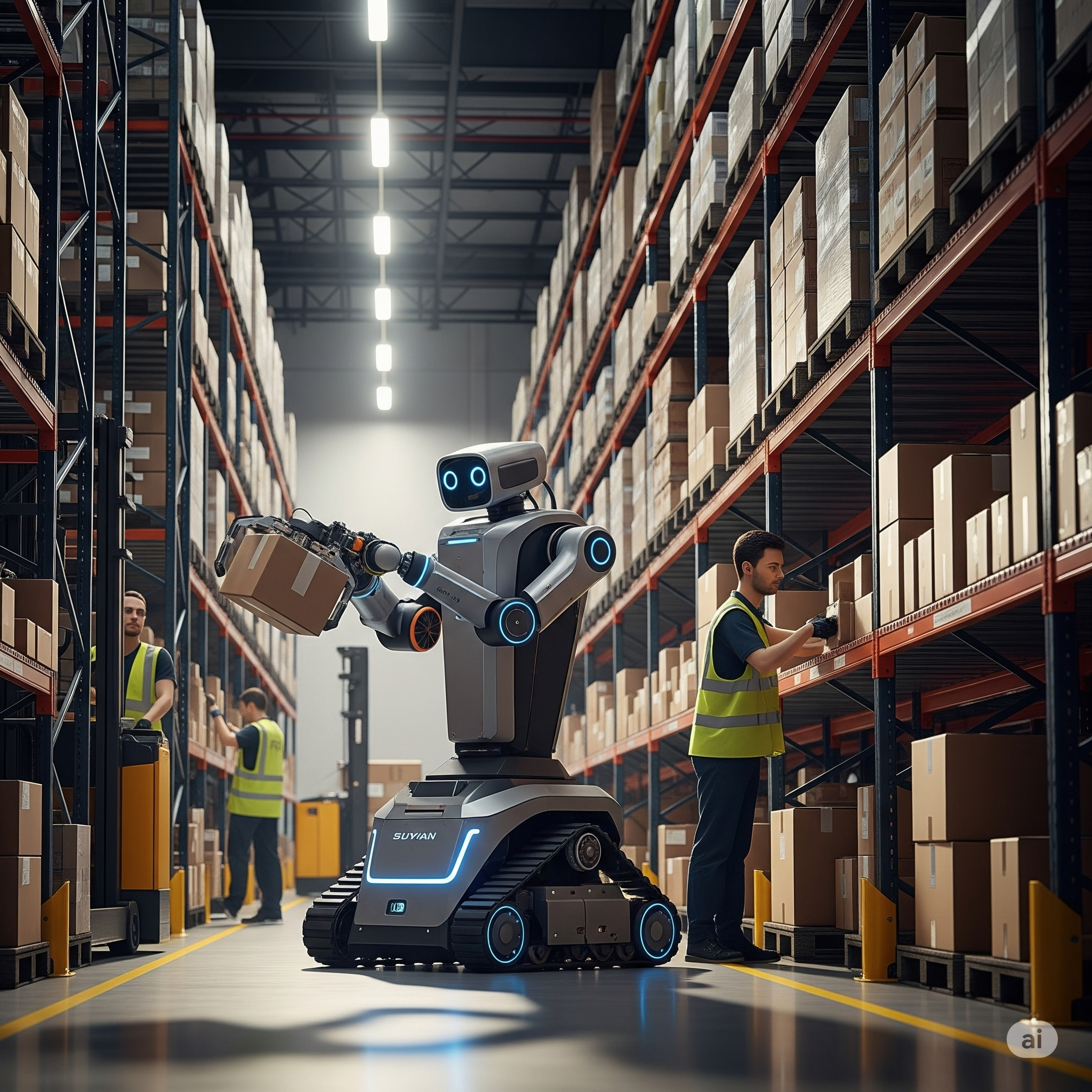 A robot in a busy warehouse, assisting human workers with packages.