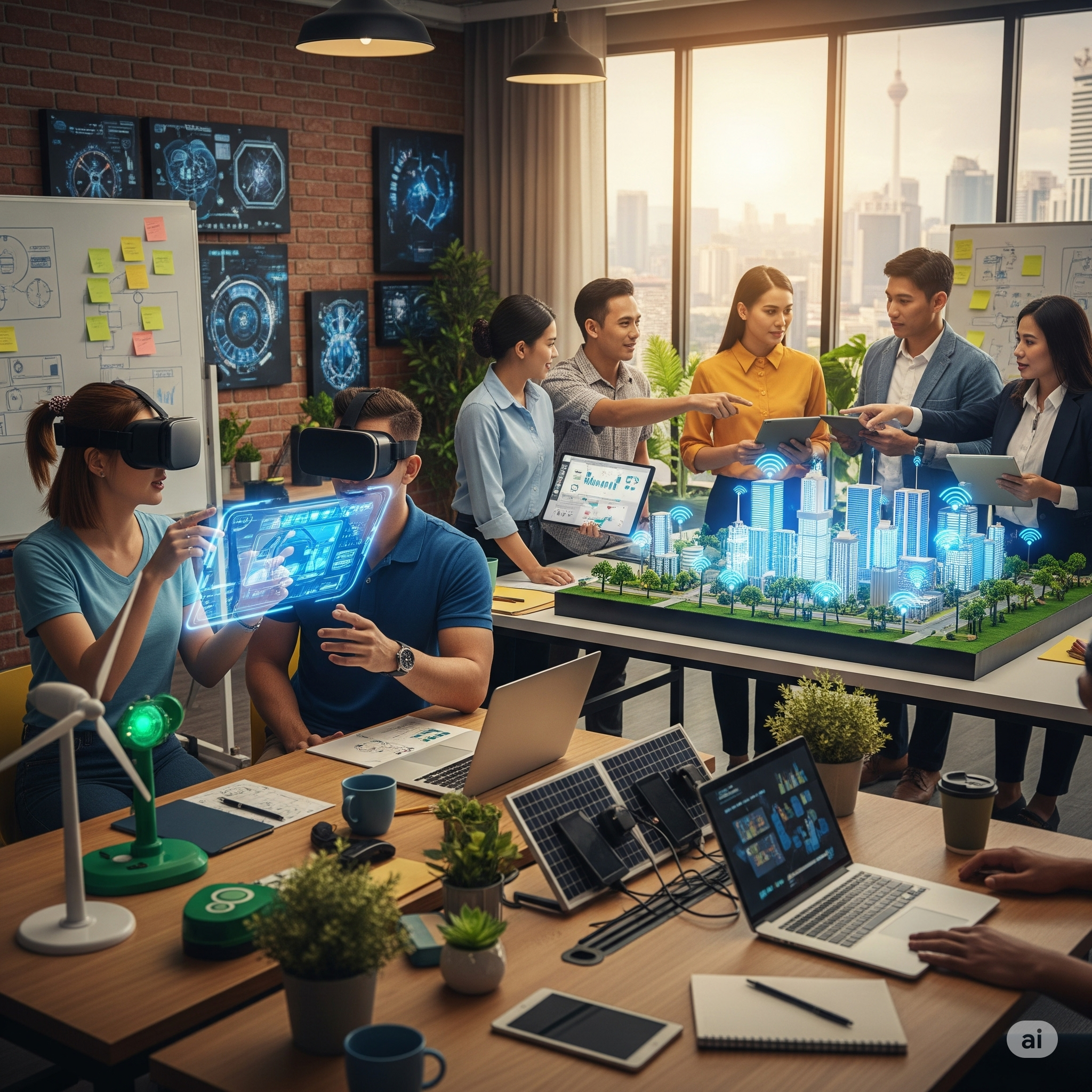 Young Malaysian entrepreneurs in a tech hub with VR and smart city models.