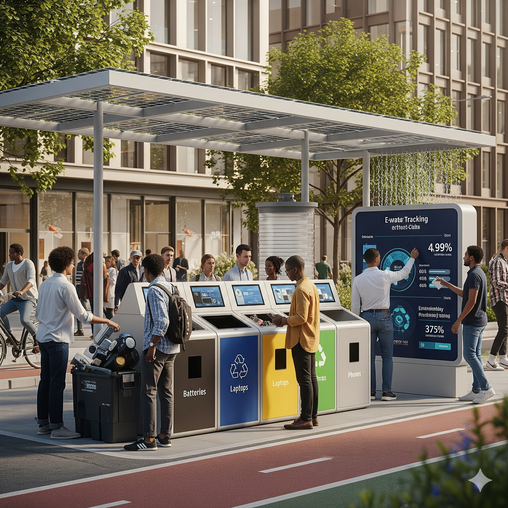 Modern urban e-waste collection point with smart bins and digital tracking.