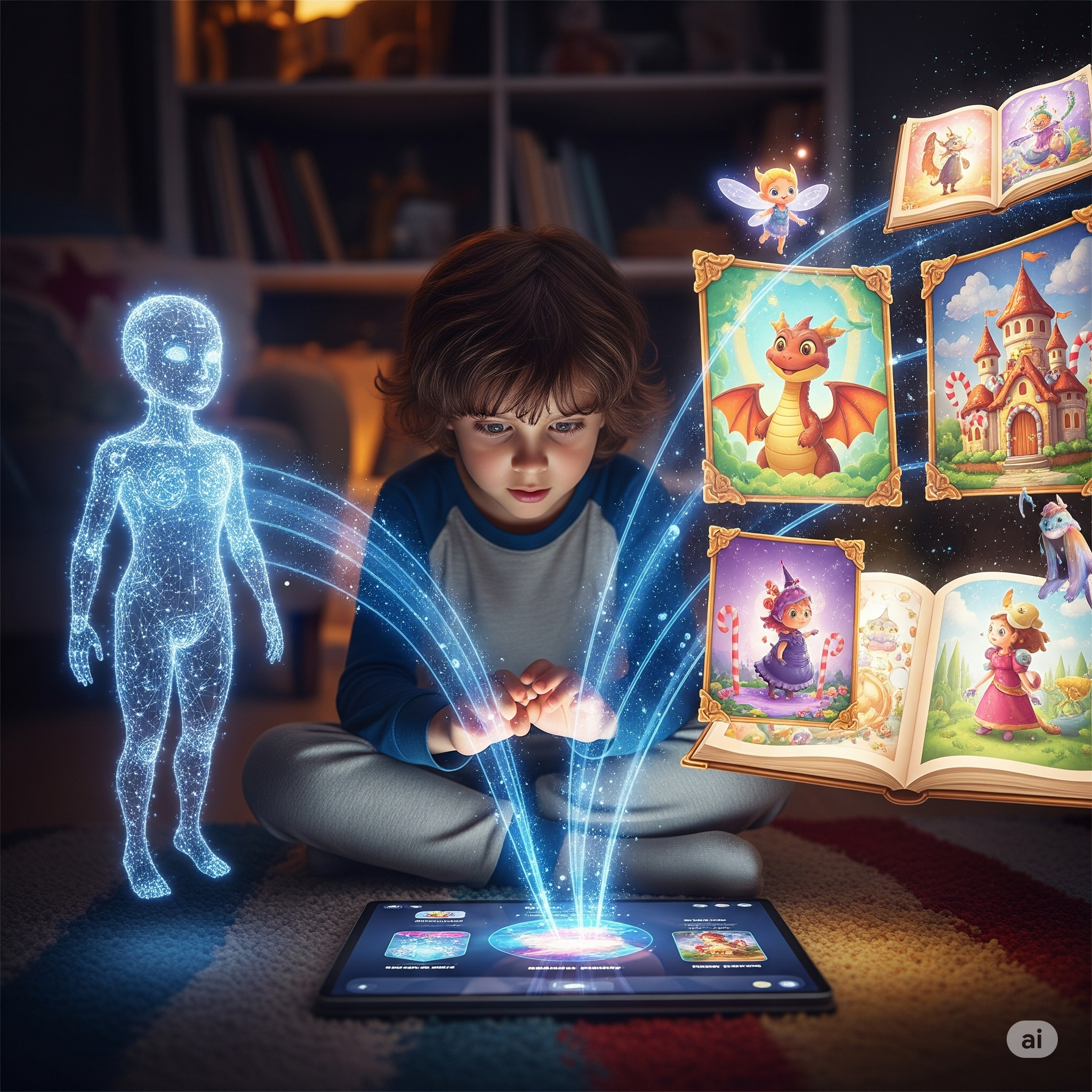 Child imagines fairy tale; AI creates whimsical storybook art.