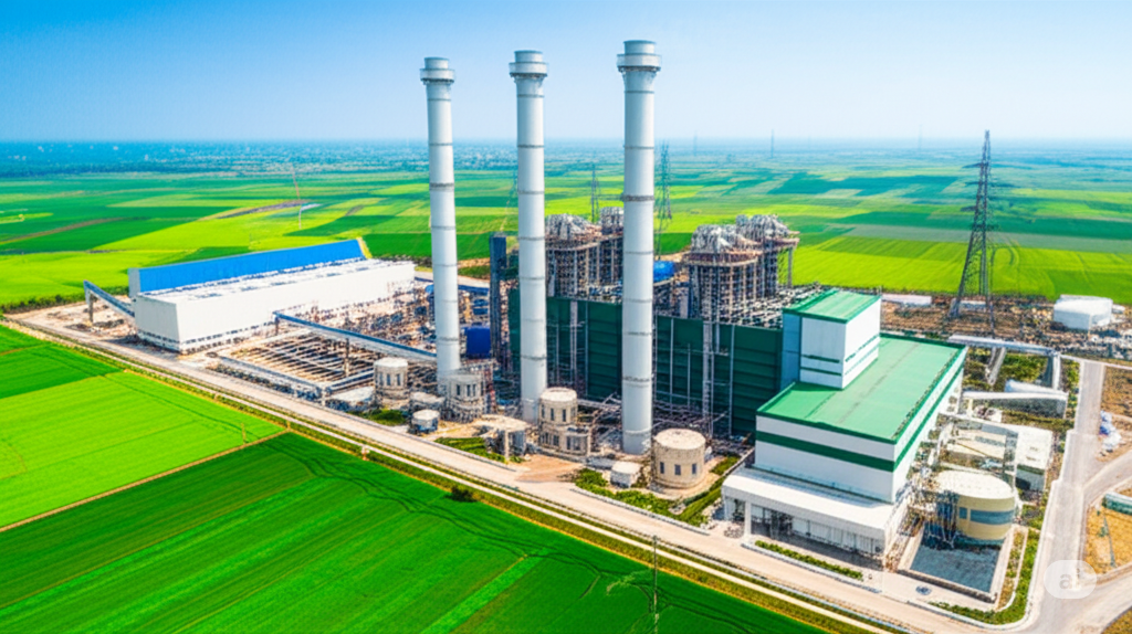 An aerial view of a modern thermal power plant with sleek, white smokestacks and green and white buildings.