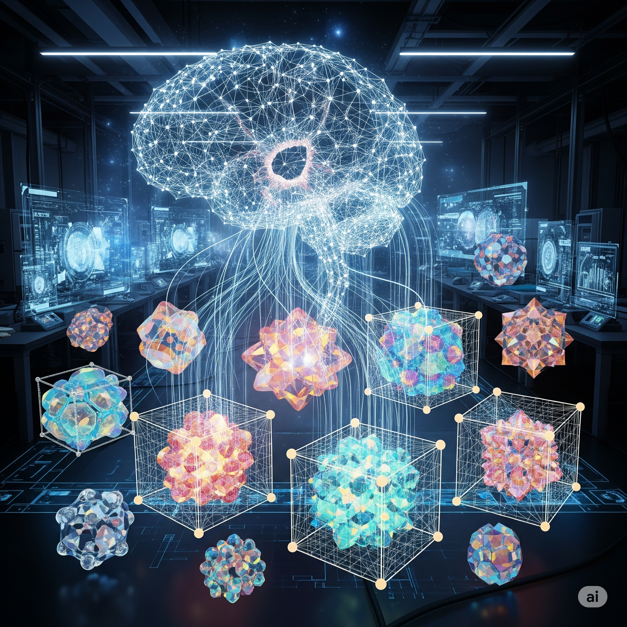 AI imagination engine creates new crystal structures in futuristic lab.