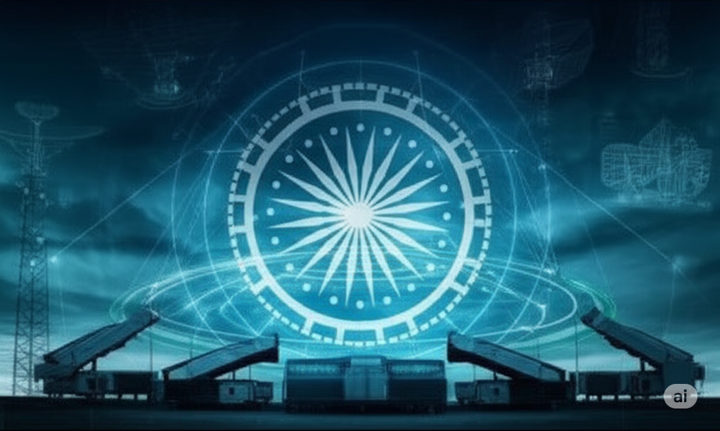 Futuristic India defense system with radar, cyber, missile, and Sudarshan Chakra.