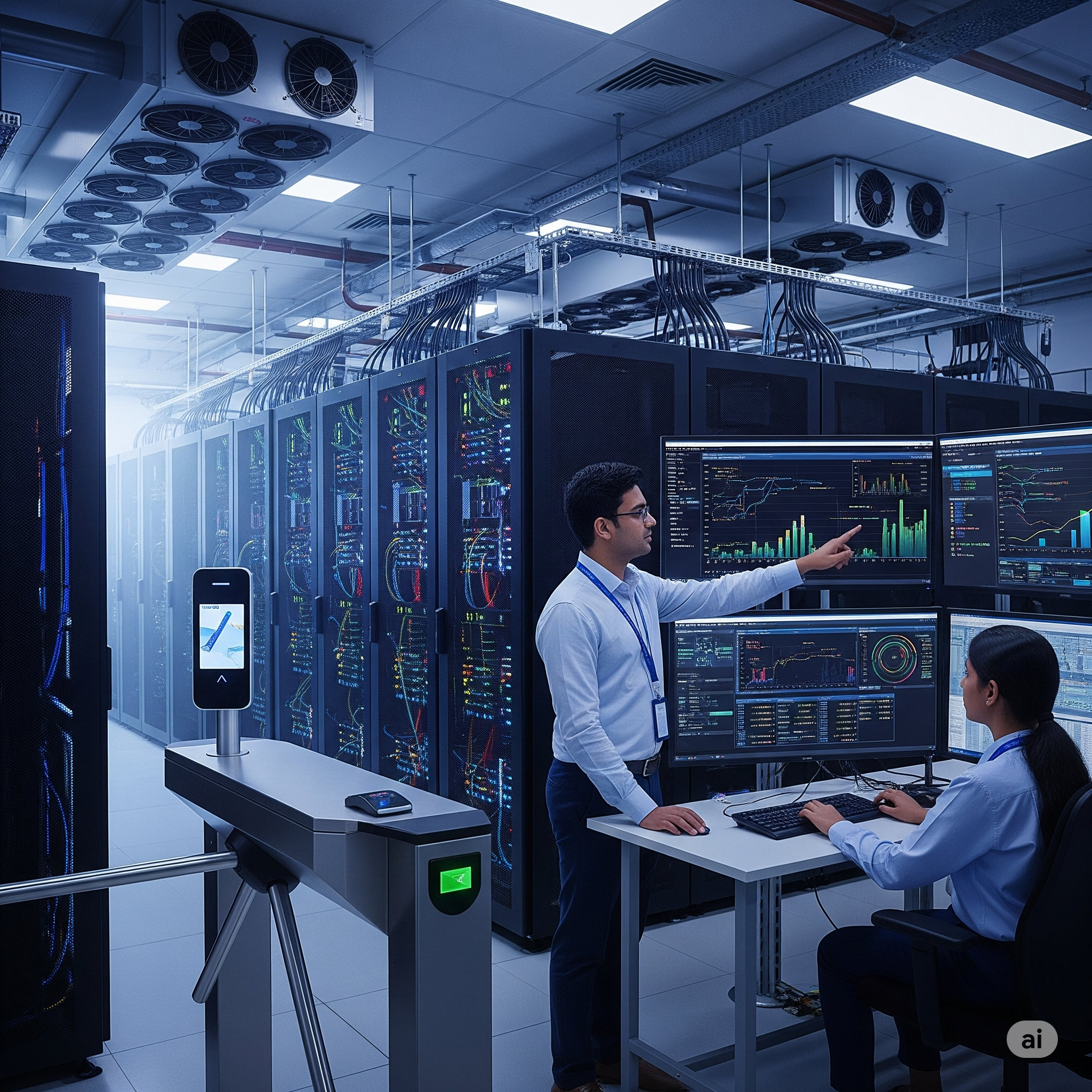 Indian AI data center: engineers, GPU racks, and cooling systems.