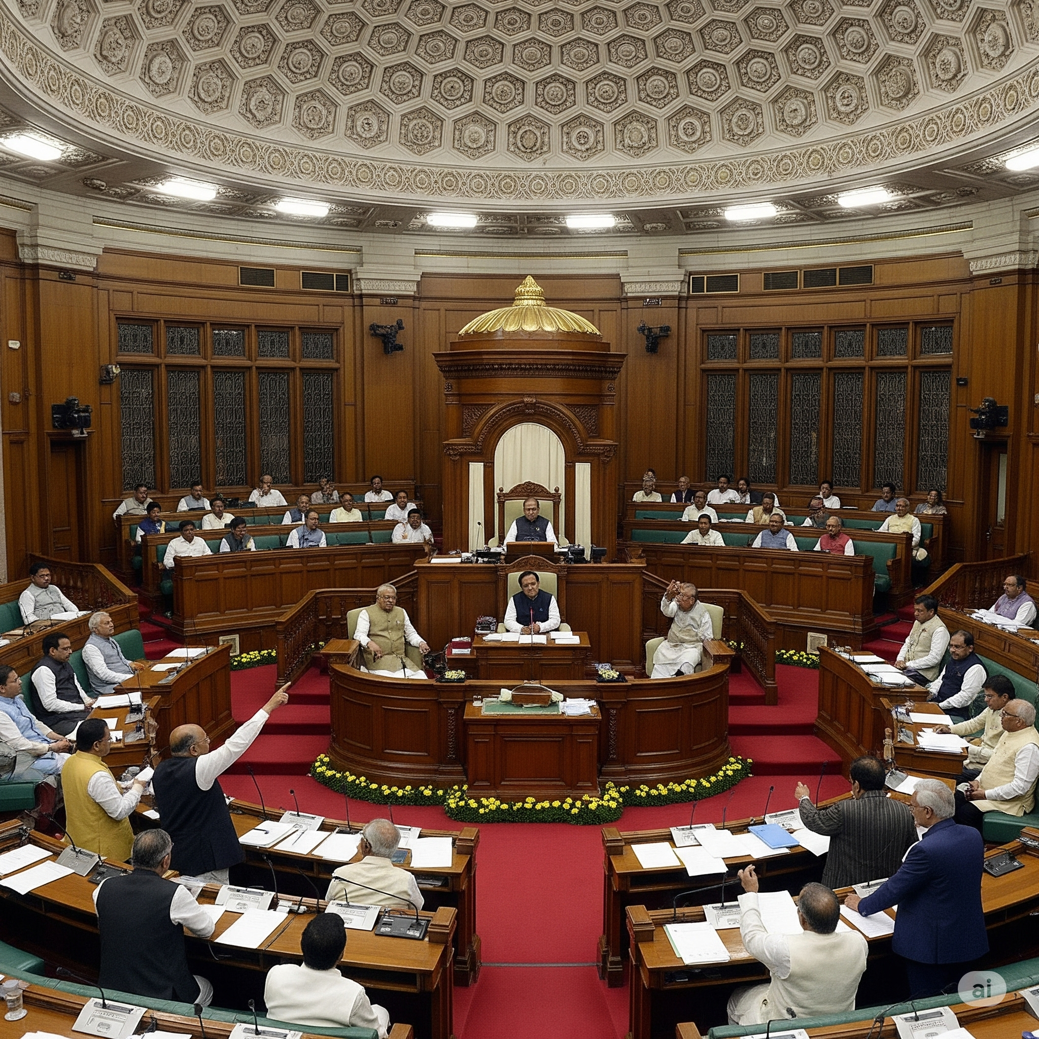 Rajya Sabha session with Vice-President on dais, members debating.