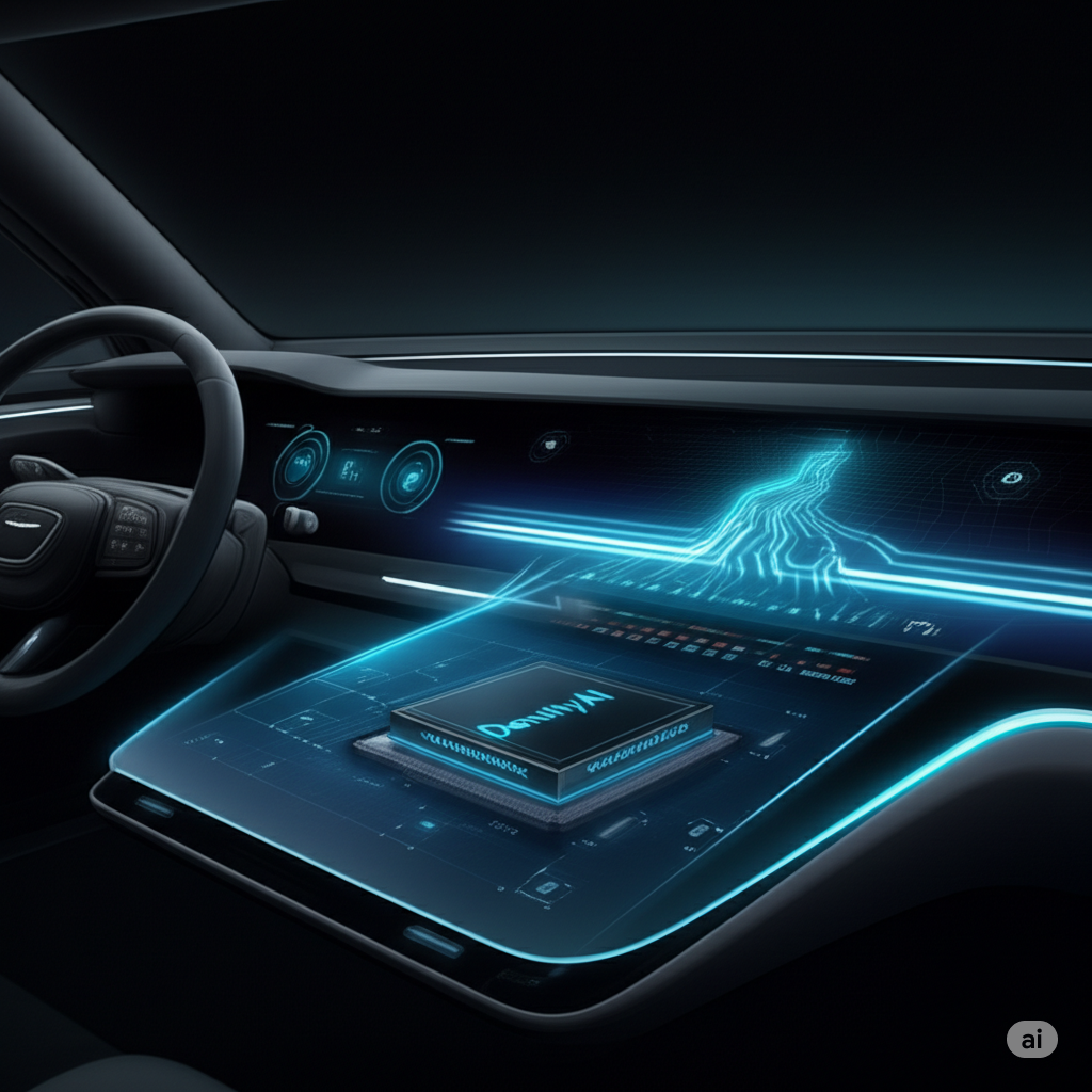 Futuristic car dashboard with animated route, sensor data, and DensityAI module.