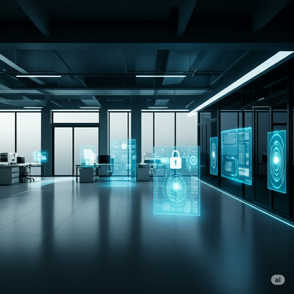 Futuristic office with digital locks, holograms, and identity verification screens.