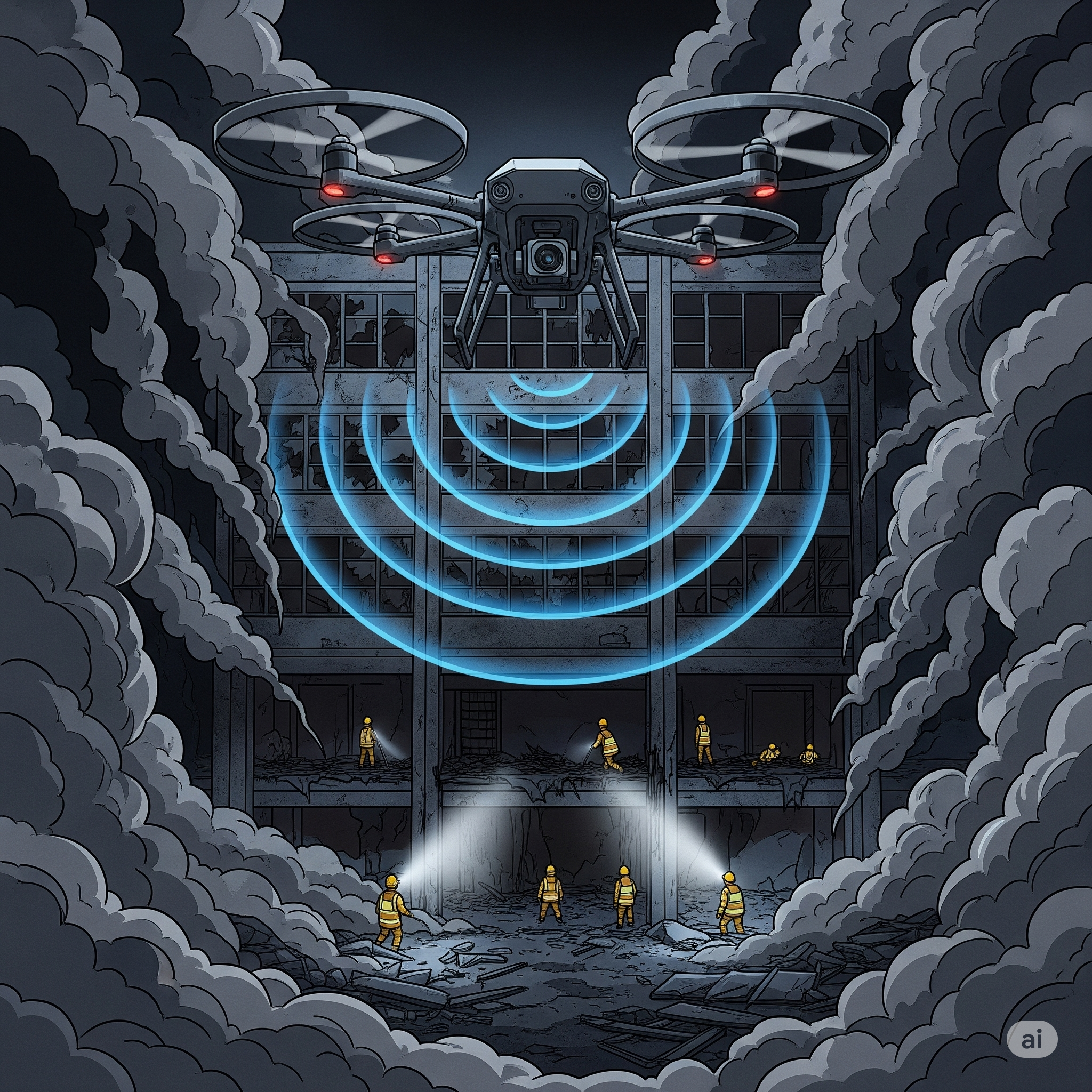 Illustration of a drone using sound waves to find rescuers.