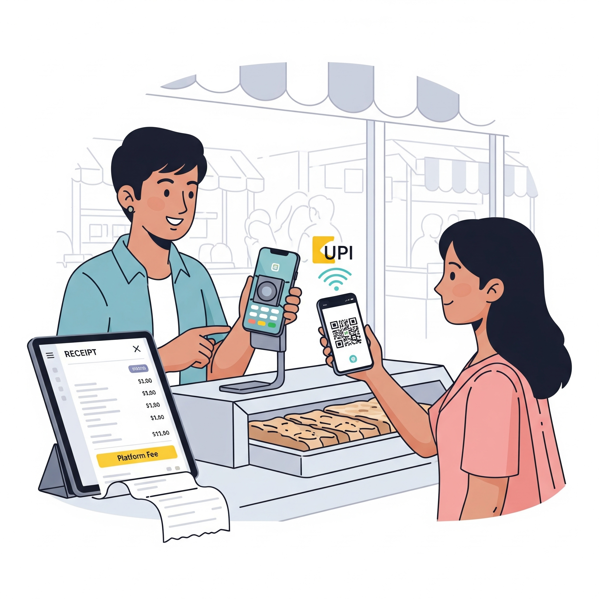 An illustration of a merchant scanning a customer's UPI QR code.