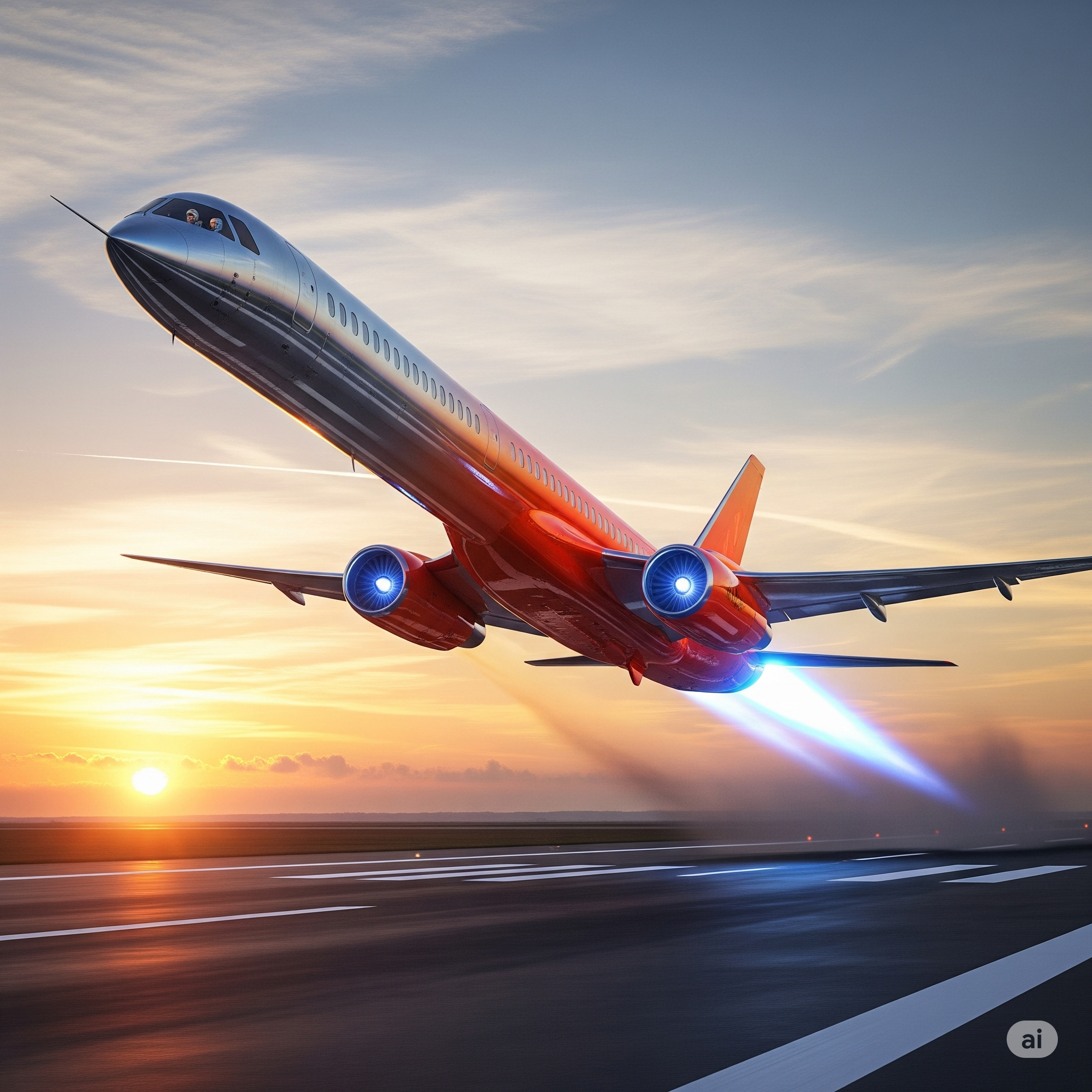 Futuristic passenger jet with blue flare launching at sunrise from a runway.