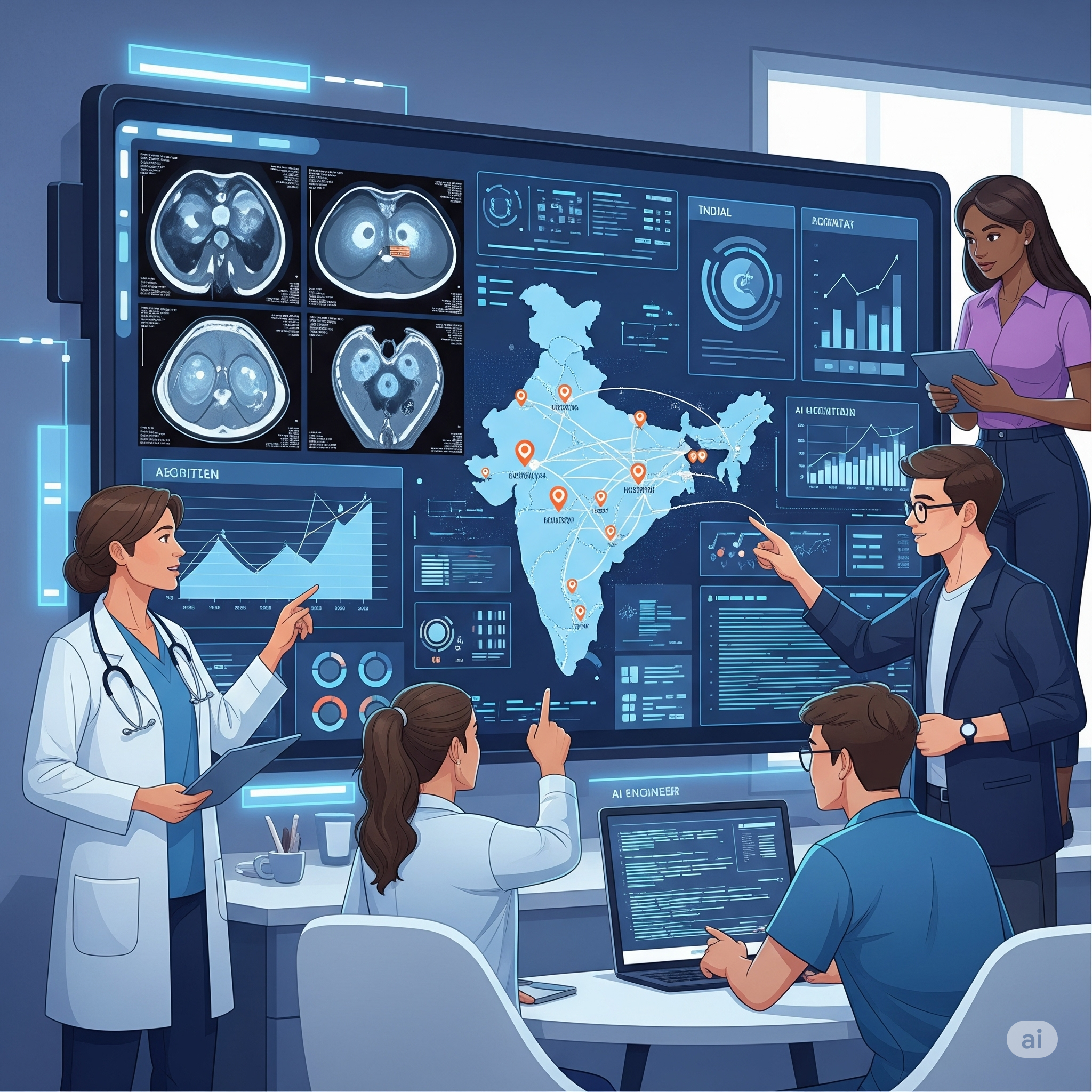 An oncology team and AI expert reviewing cancer data on a digital board with a map of India linking hospitals.