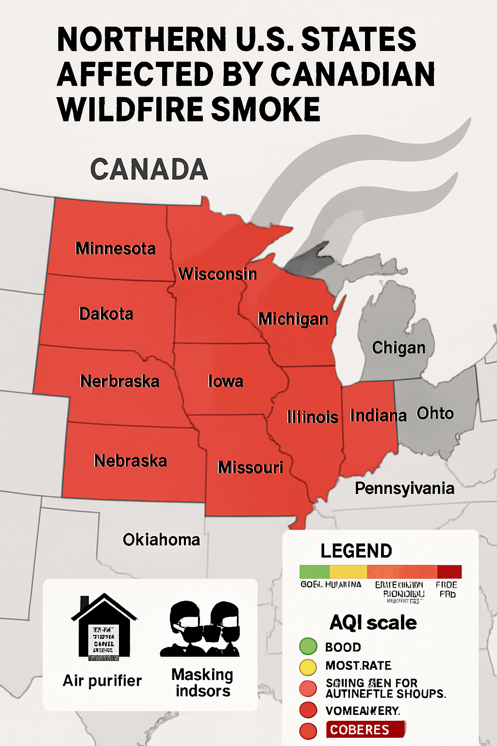 Infographic map showing northern U.S. states in red, with Canadian wildfire smoke plumes drifting south and AQI scale indicating unhealthy air.