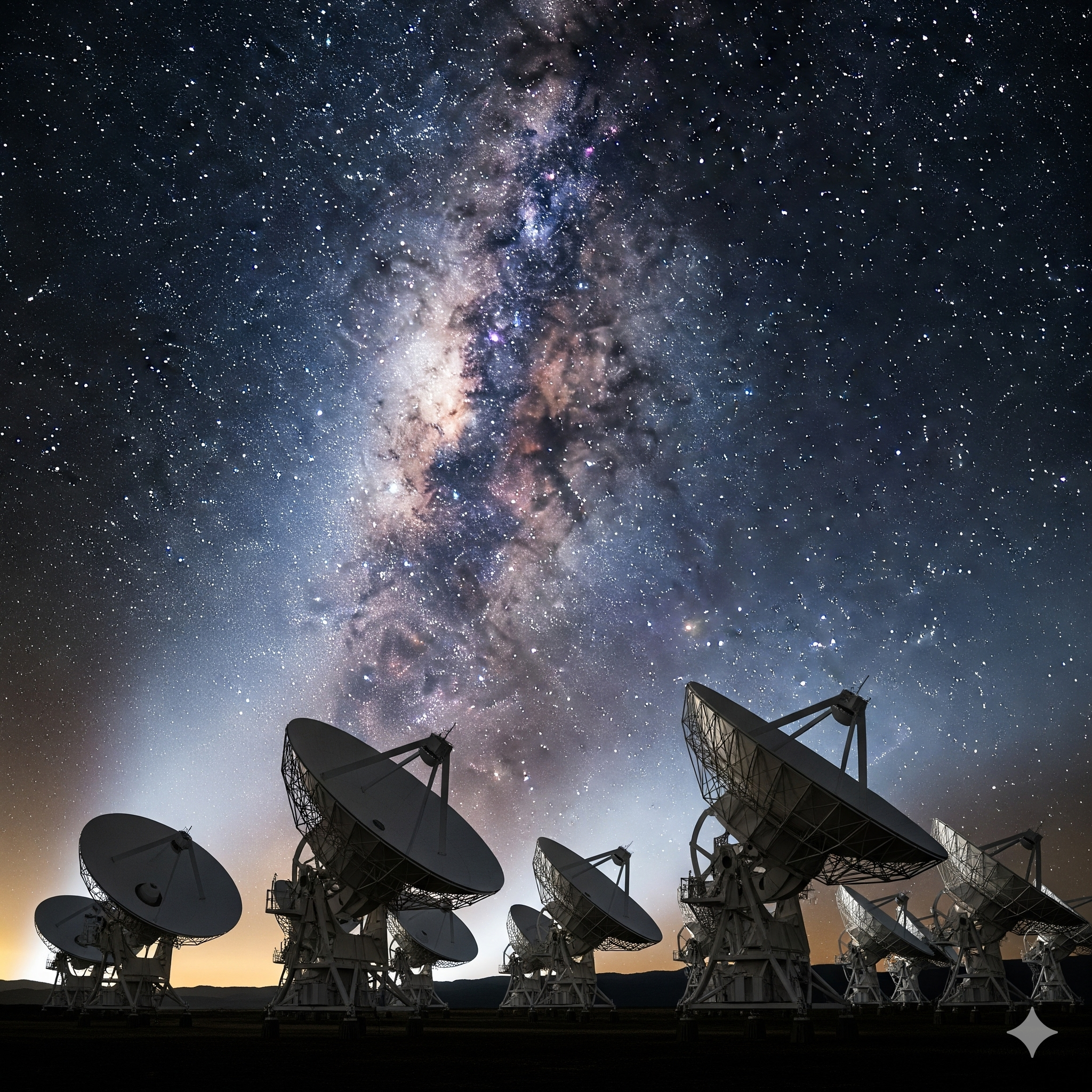 Radio telescopes under a brilliant, star-filled night sky, scanning.