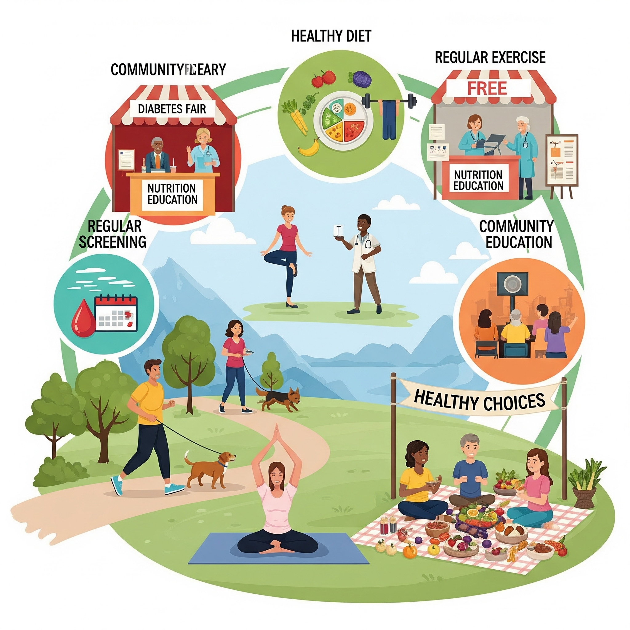 Diabetes prevention through healthy diet, exercise, screening, and education.