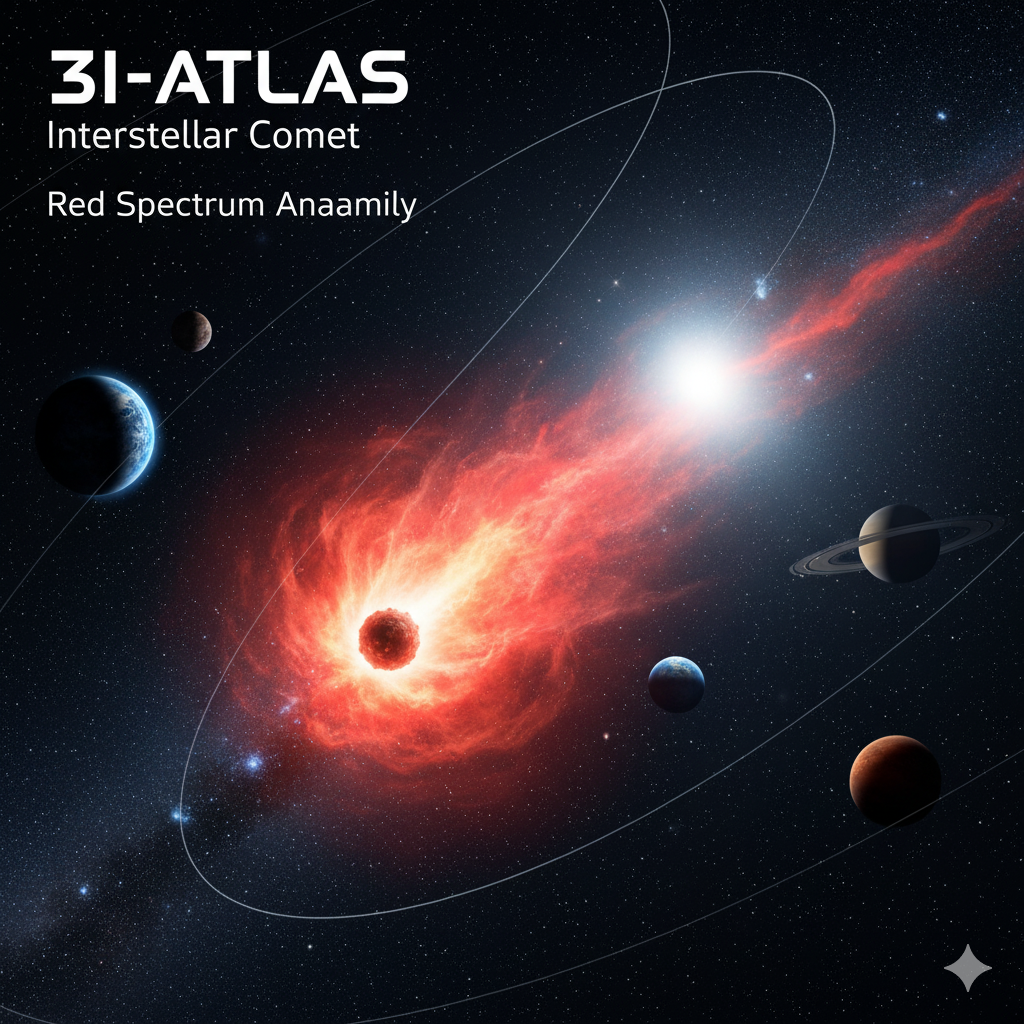 Artist's view of 3I-ATLAS comet with red tail in solar system.