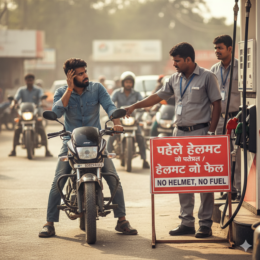 Fuel station attendant refusing fuel to unhelmeted rider in Uttar Pradesh.