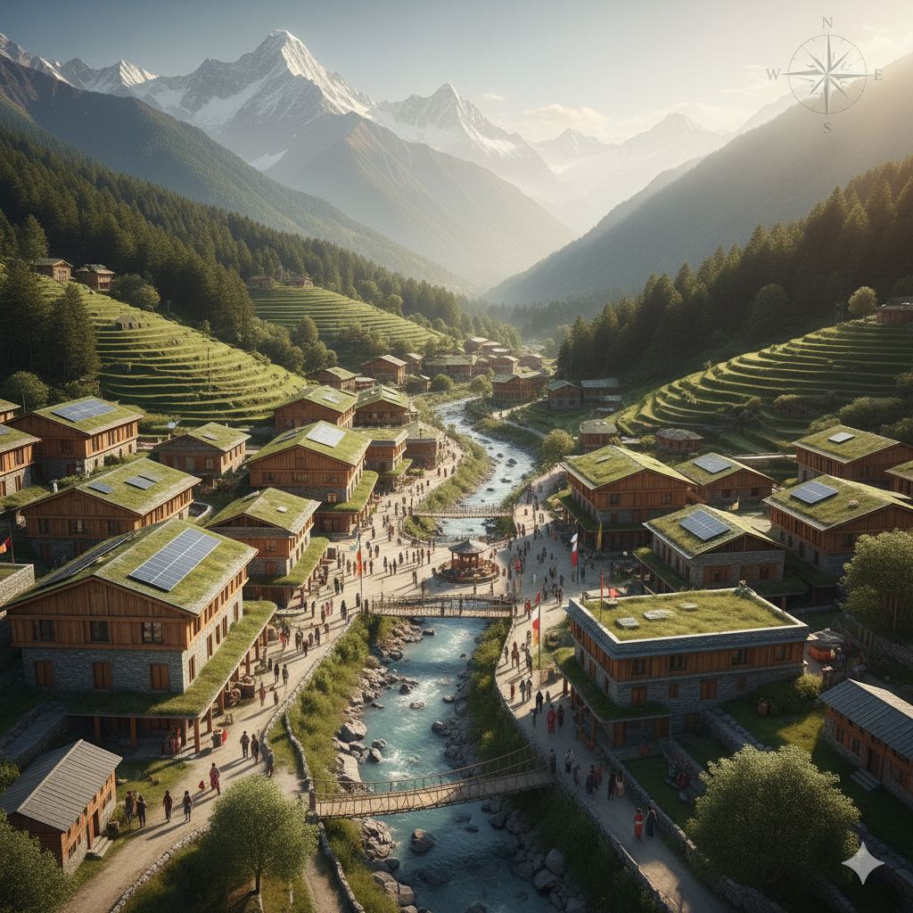 A sustainable Himalayan town with green roofs, solar panels, and a river.