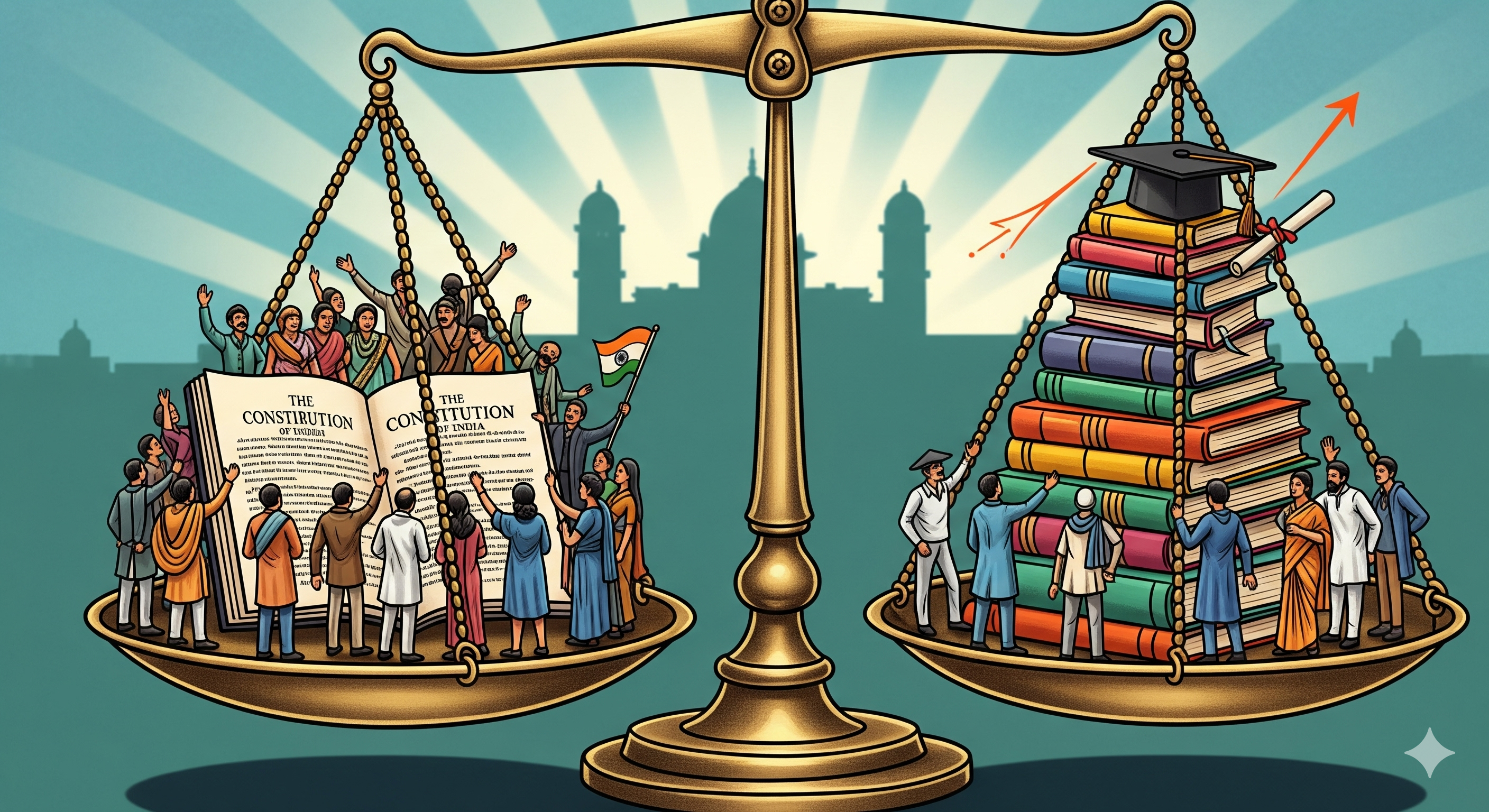 Scales balancing the Constitution and academic merit in India.