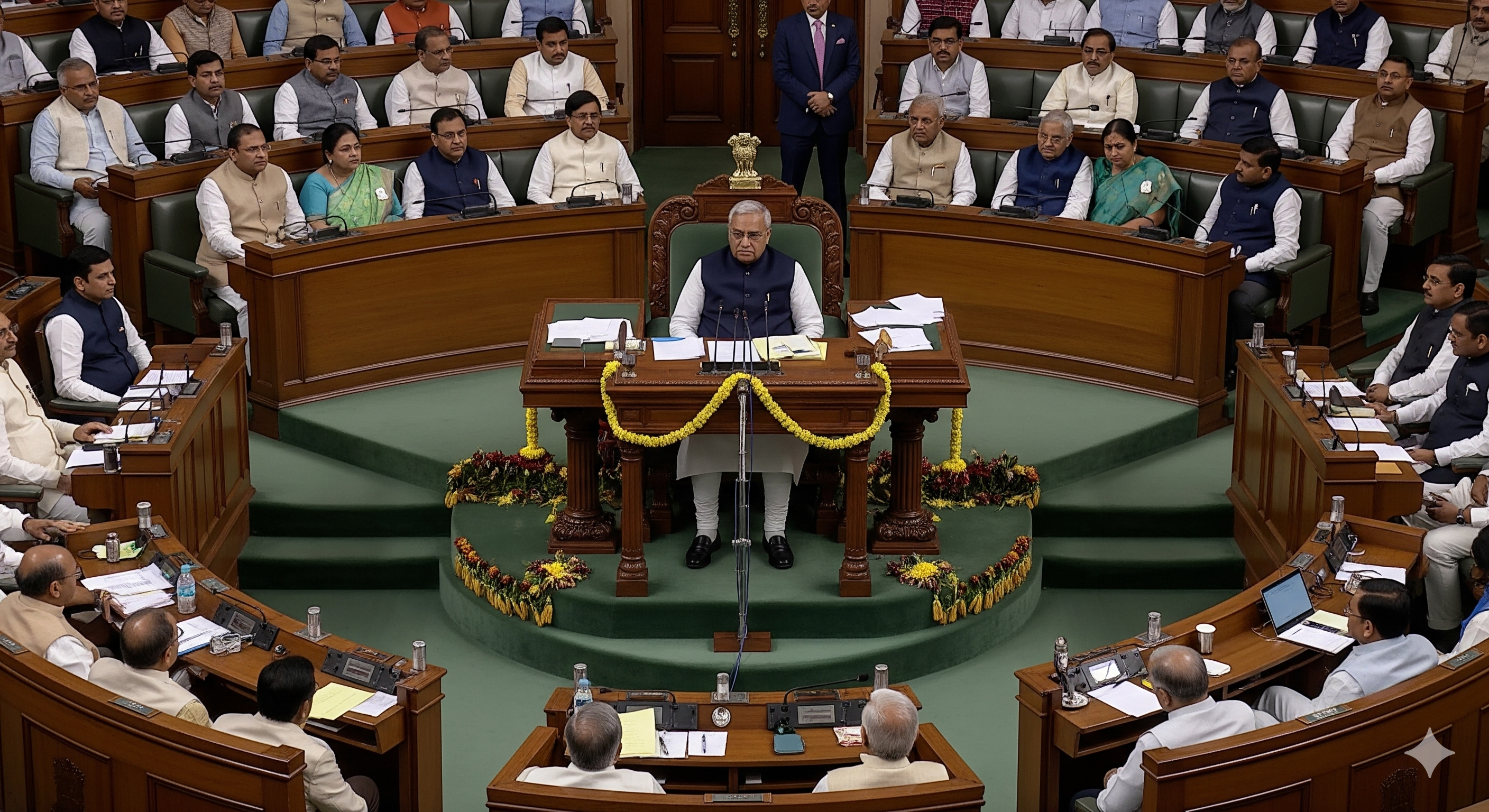 Indian Vice President presides over a vibrant Rajya Sabha parliamentary session.