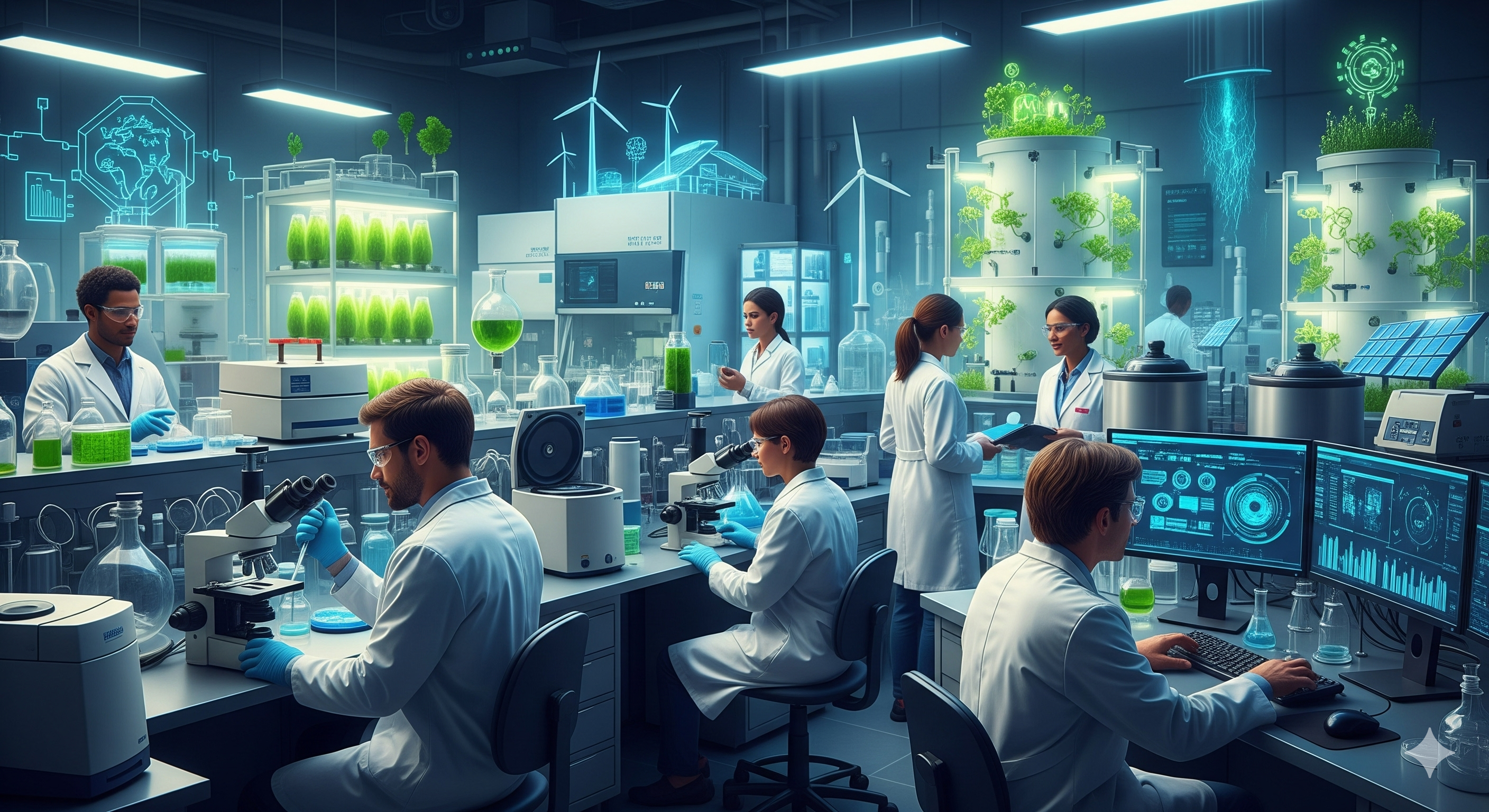 Scientists in a modern lab creating sustainable biotech and environmental solutions.