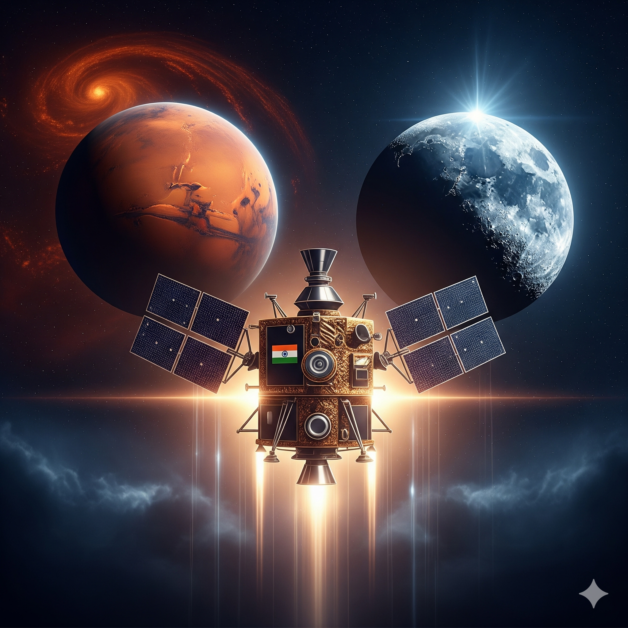 An ISRO spacecraft with Mars and the moon in the background.