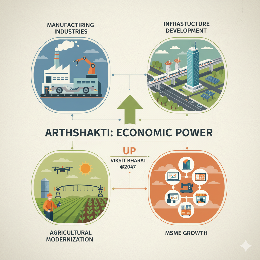 Economic transformation in UP: manufacturing, infrastructure, agriculture, and MSMEs.
