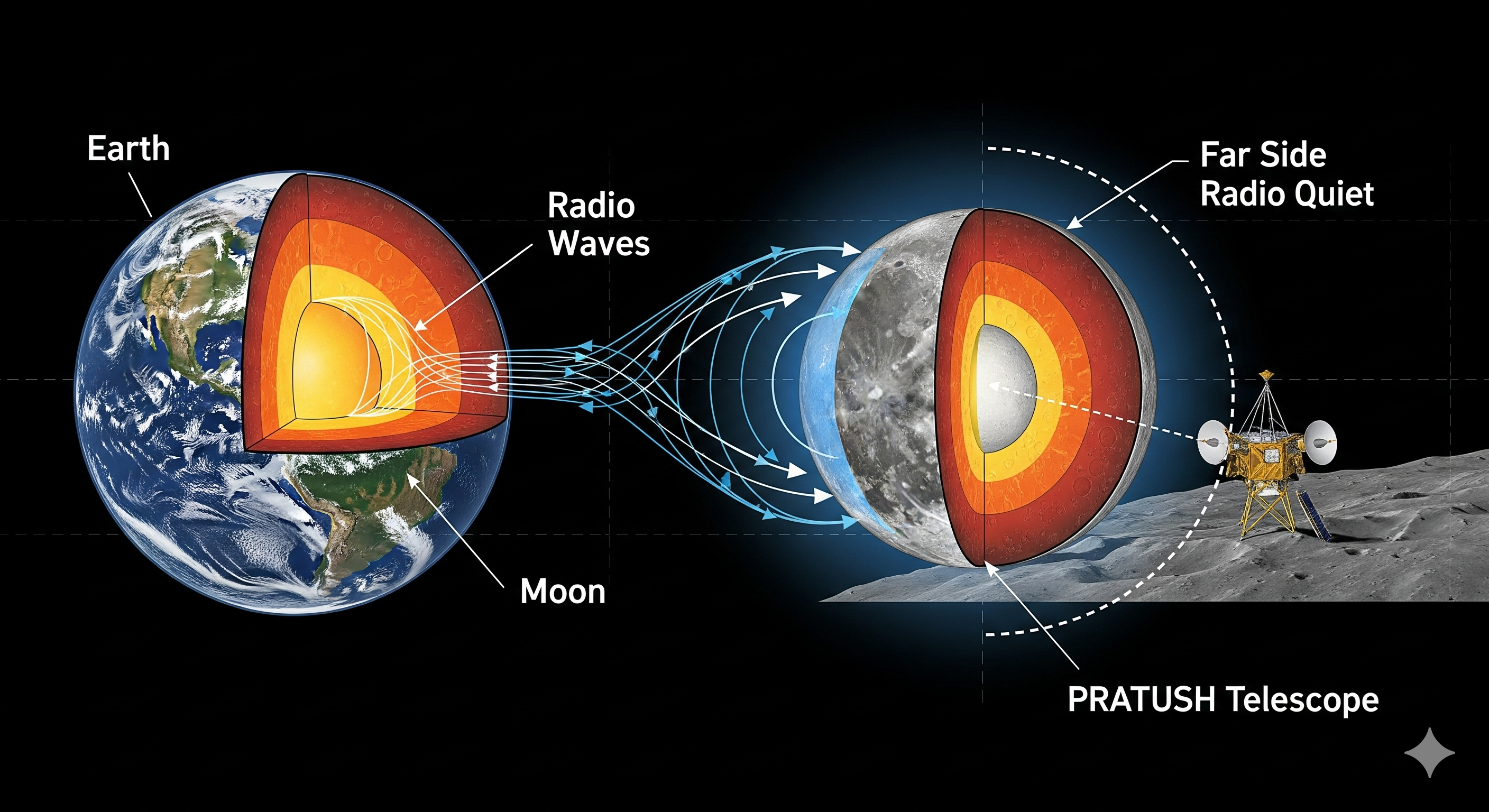 A diagram shows the Moon blocking Earth's radio waves.