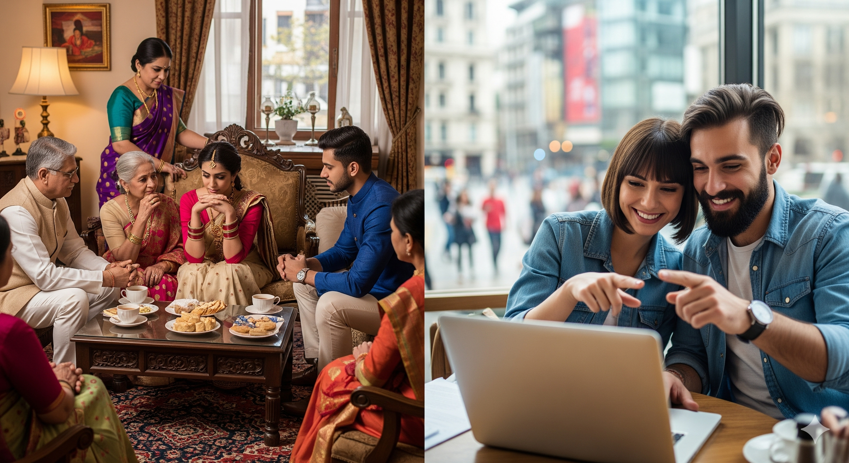 Split image of arranged marriage vs modern independent choice.